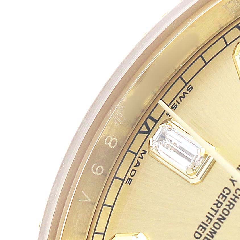 The image shows a close-up of the dial and diamond marker of a Rolex President 118238 Men's Yellow Gold Champagne Dial watch, highlighting the hour markers and hands.