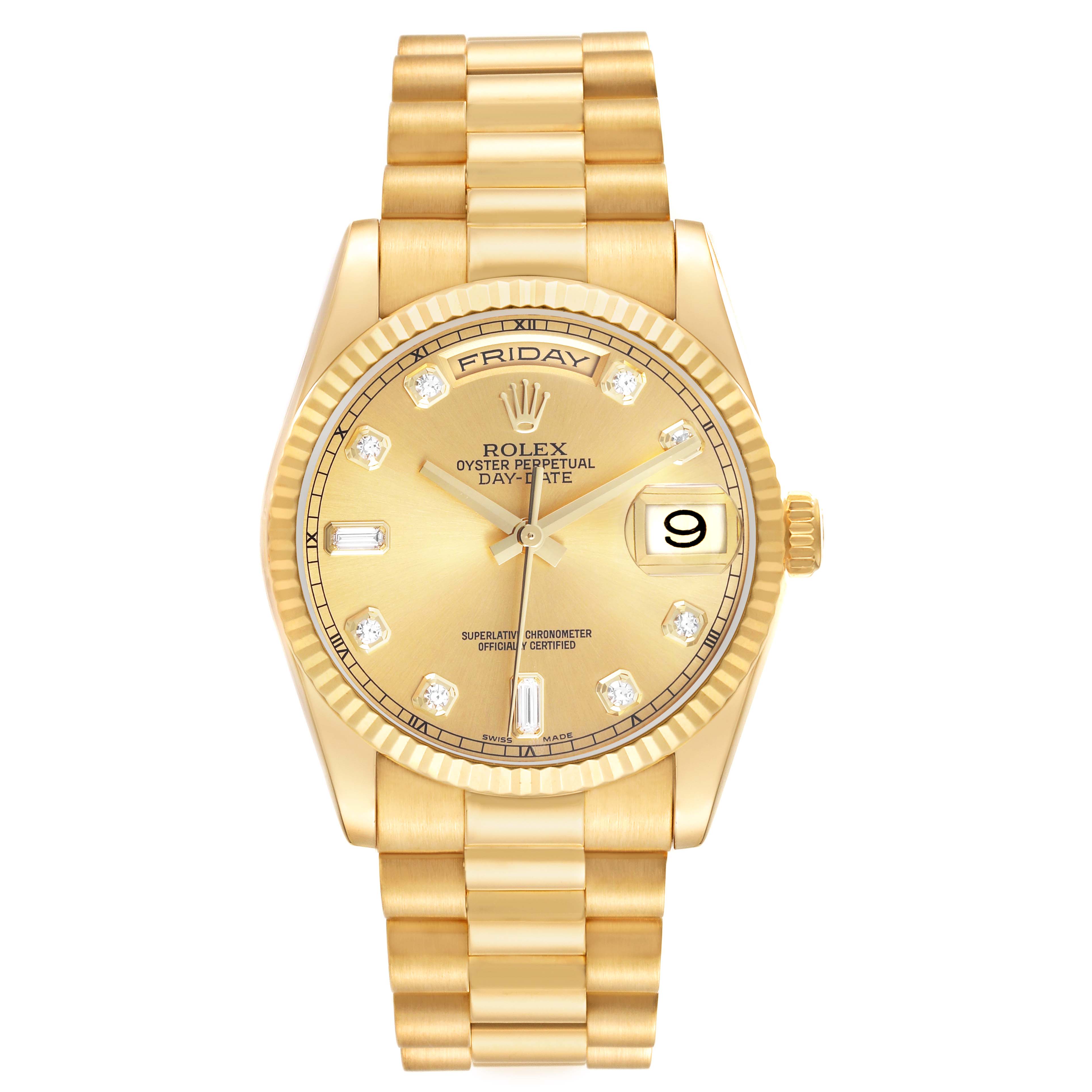 The image shows a front view of a Rolex President 118238 Men's Yellow Gold Champagne Dial watch, highlighting the gold case, bracelet, and diamond markers.