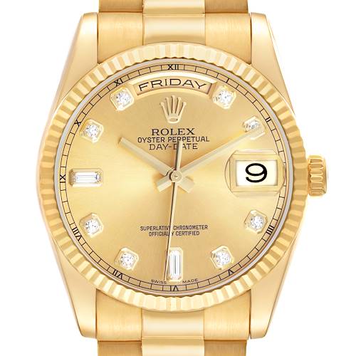 The Rolex President 118238 Men's Yellow Gold Champagne Dial model watch is shown from a frontal angle, highlighting the dial, bezel, crown, and part of the bracelet.