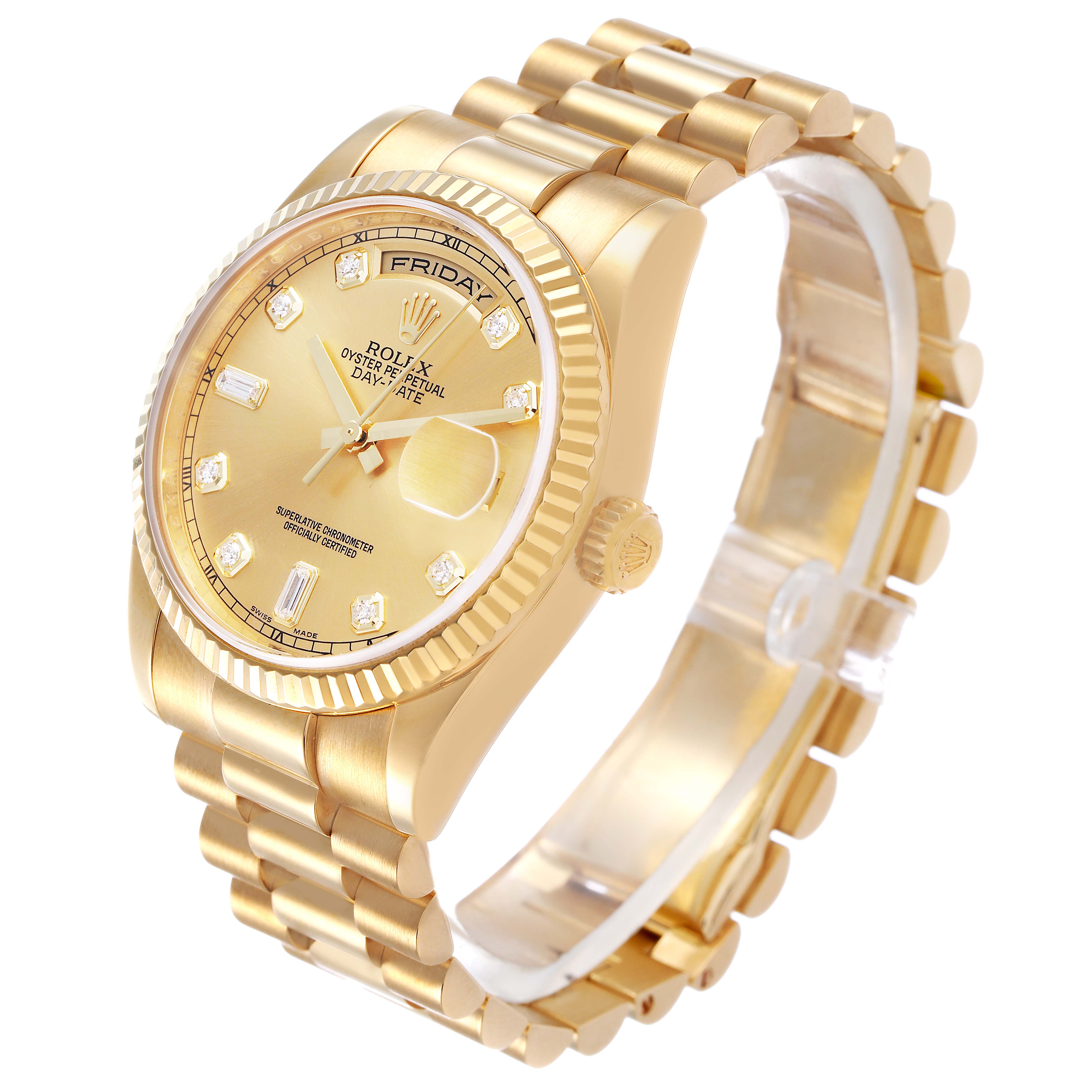 The Rolex President 118238 Men's Yellow Gold Champagne Dial model watch is shown at a slight angled side view, displaying its gold case, bracelet, and face.