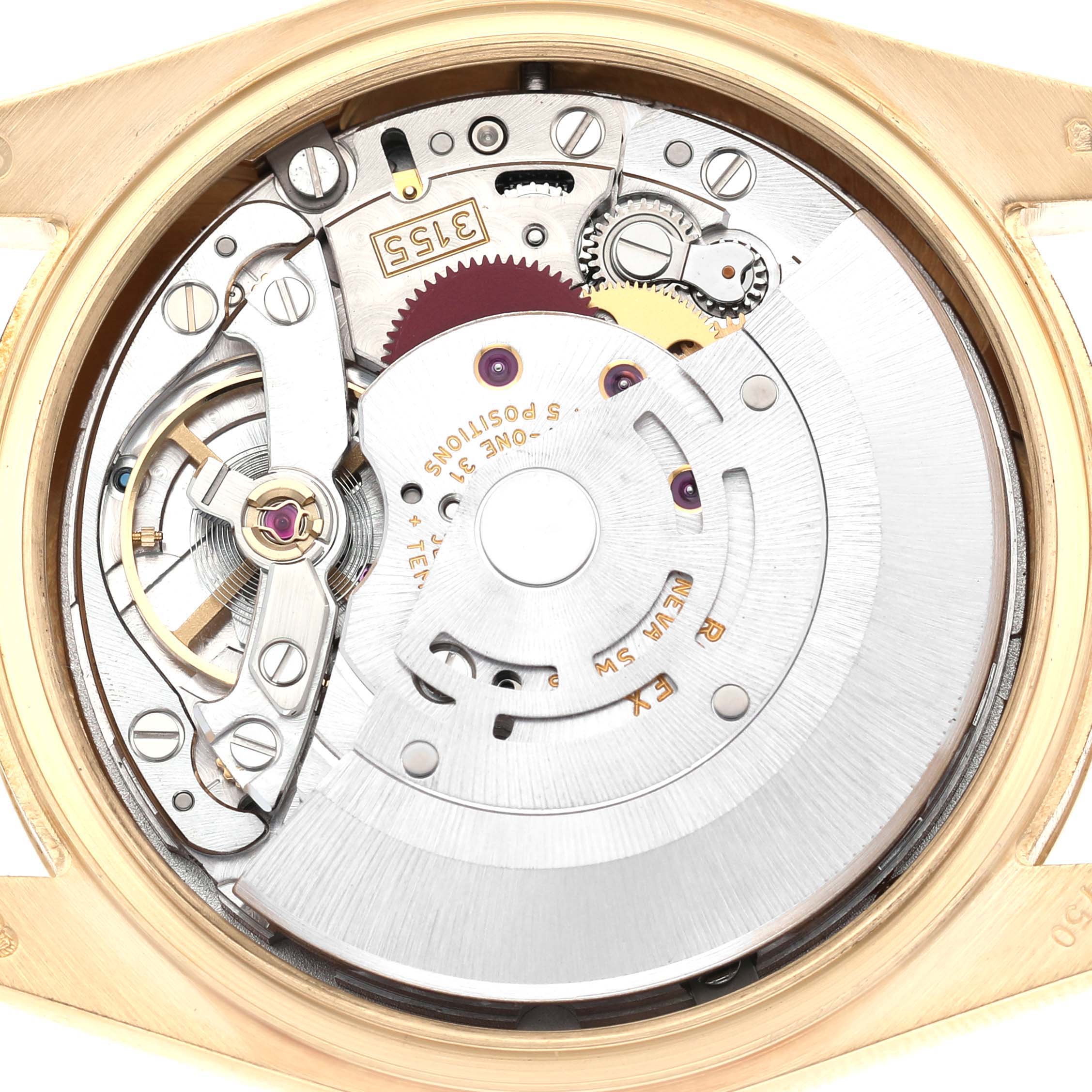 The image shows the movement of a Rolex President 118238 Men's Yellow Gold Champagne Dial watch, featuring its intricate mechanical components from the back.