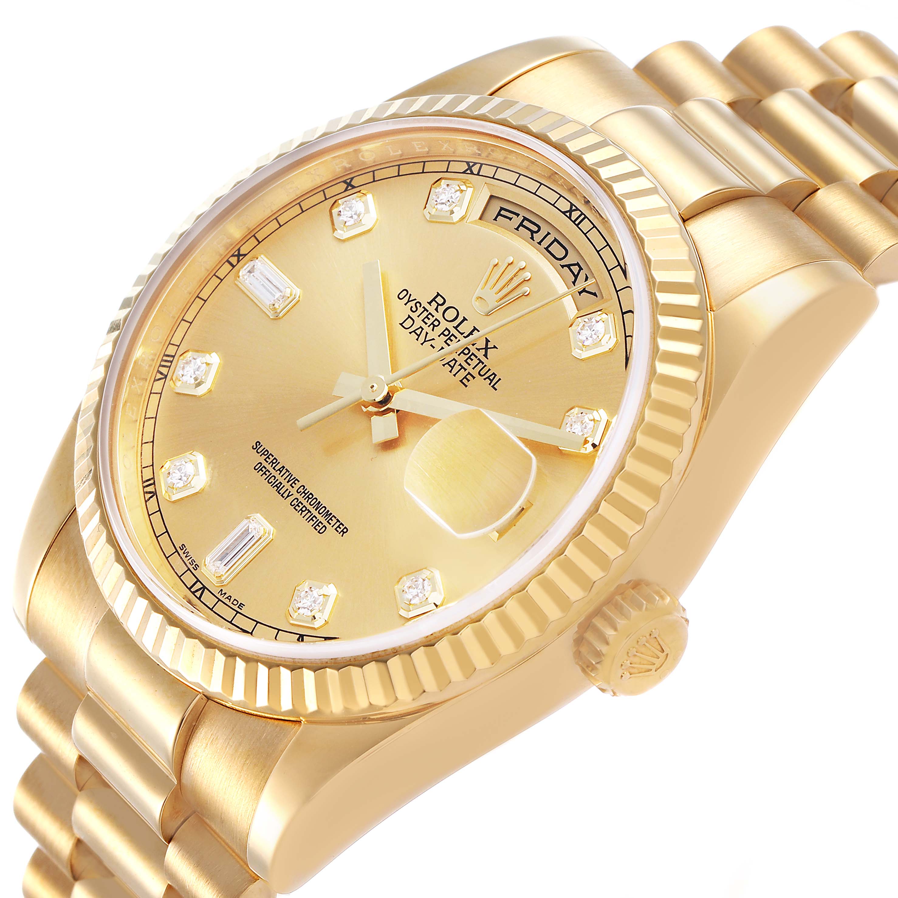The Rolex President 118238 Men's Yellow Gold Champagne Dial watch is shown at an angled view displaying the dial, diamond markers, fluted bezel, and part of the bracelet.