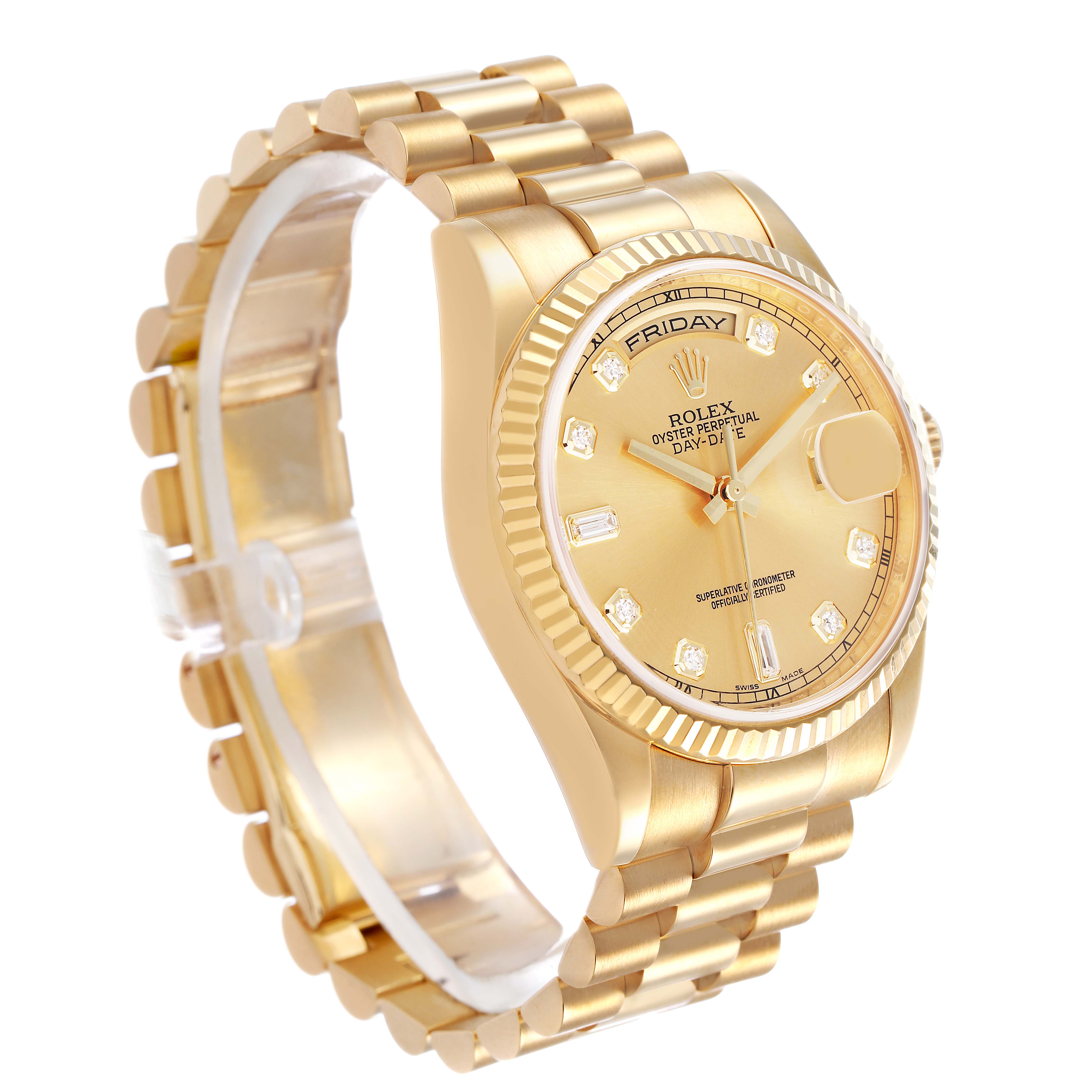 The image shows a Rolex President 118238 Men's Yellow Gold Champagne Dial model at a three-quarter angle, highlighting the gold case, fluted bezel, and bracelet.