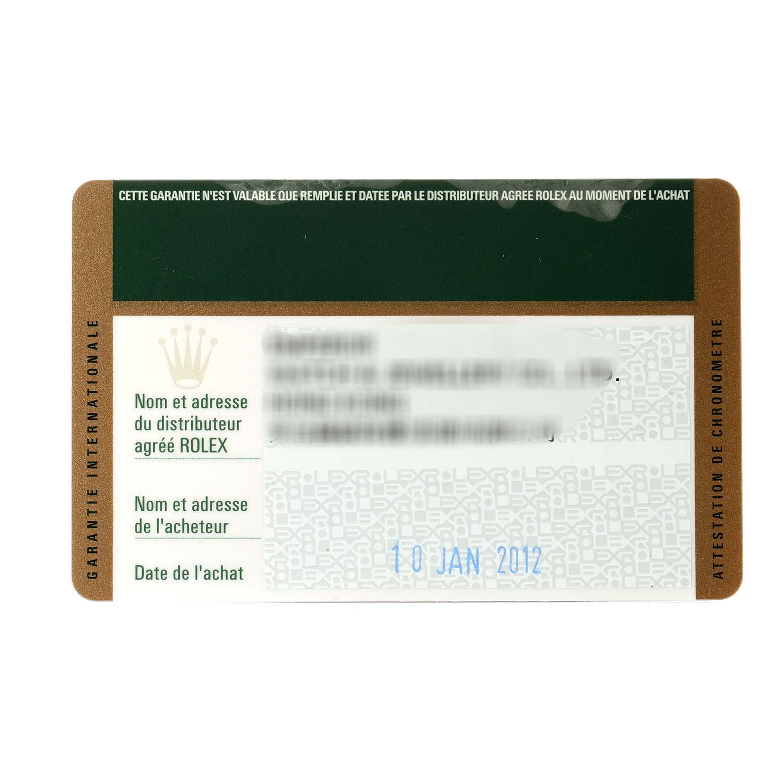 This image shows a Rolex warranty card for the President model, displaying details and branding.