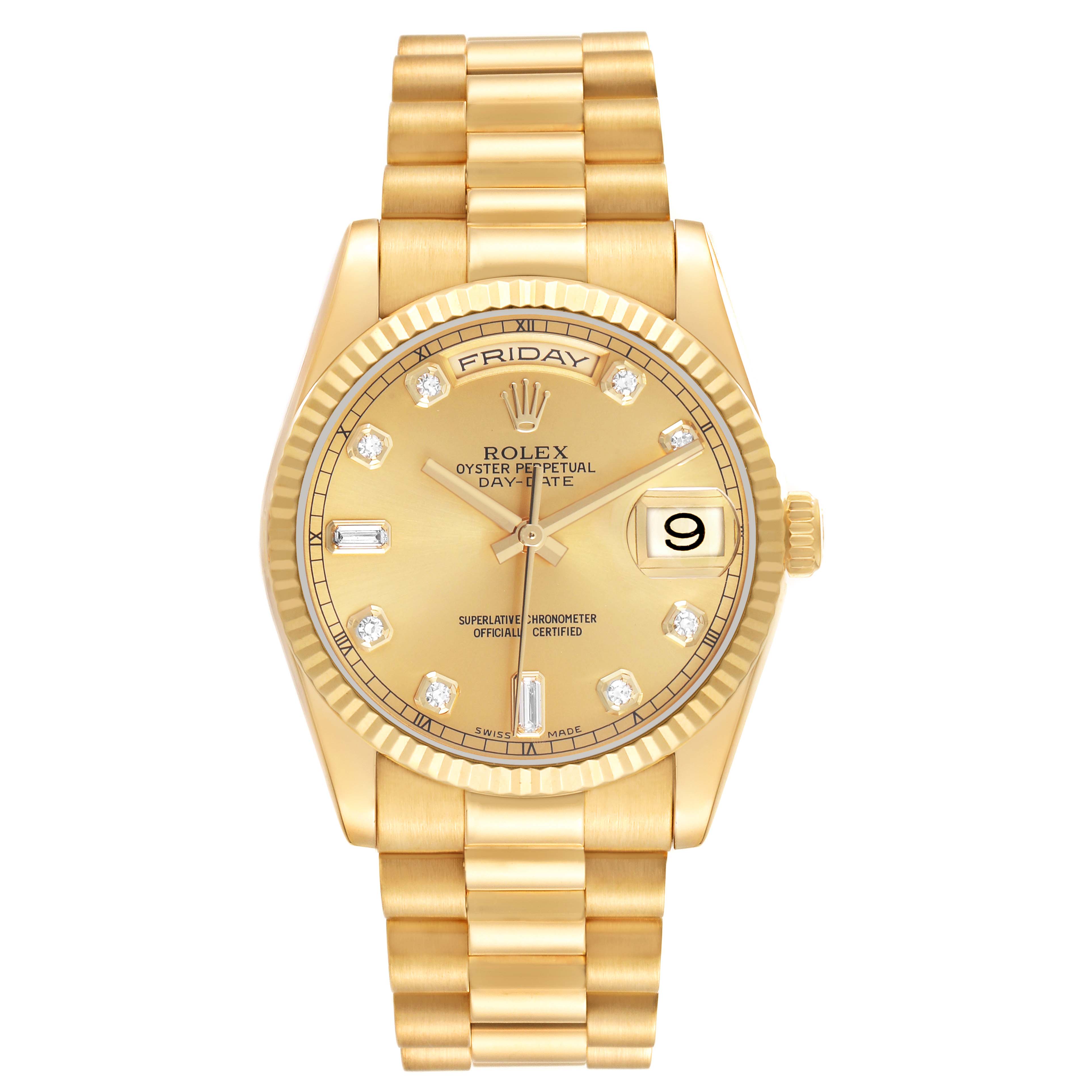 The Rolex President 118238 Men's Yellow Gold Champagne Dial model is shown from the front, displaying its dial, bracelet, and crown.