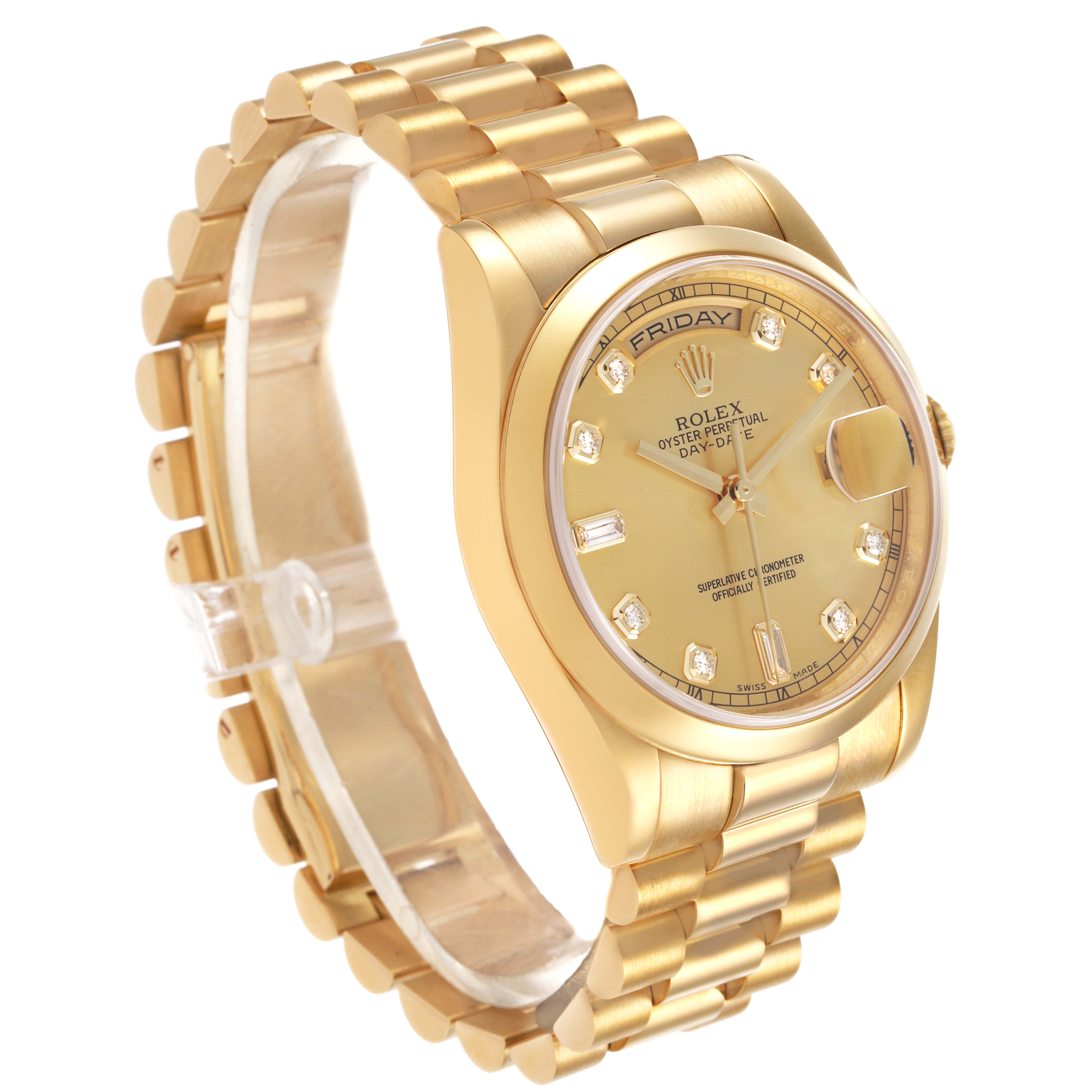 The Rolex President 118238 Men's Yellow Gold Champagne Dial model is shown at a three-quarter angle, highlighting its gold case and bracelet with a clear view of the dial.