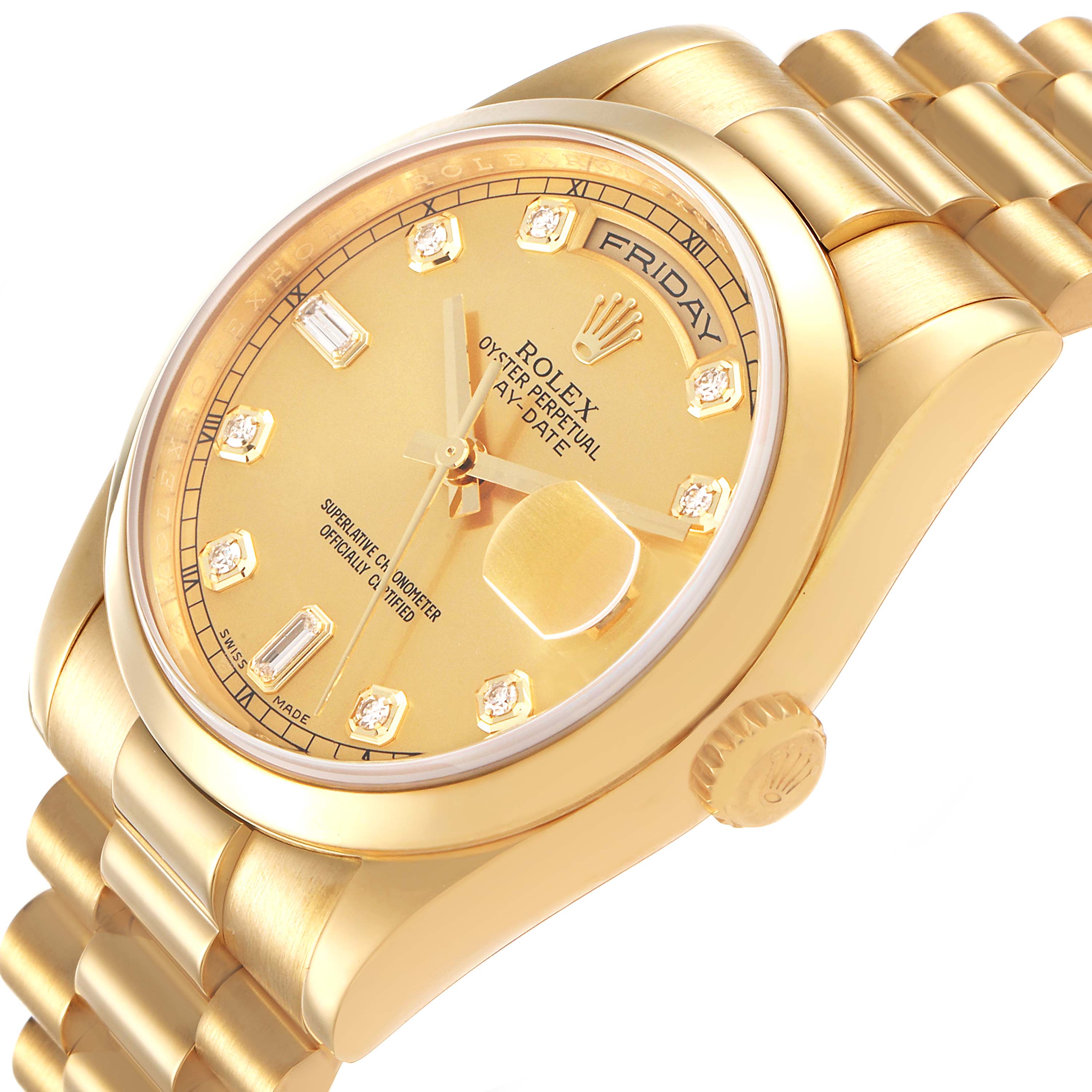 The Rolex President 118238 Men's Yellow Gold Champagne Dial model is shown from an angled view highlighting the dial, crown, bracelet, and case.