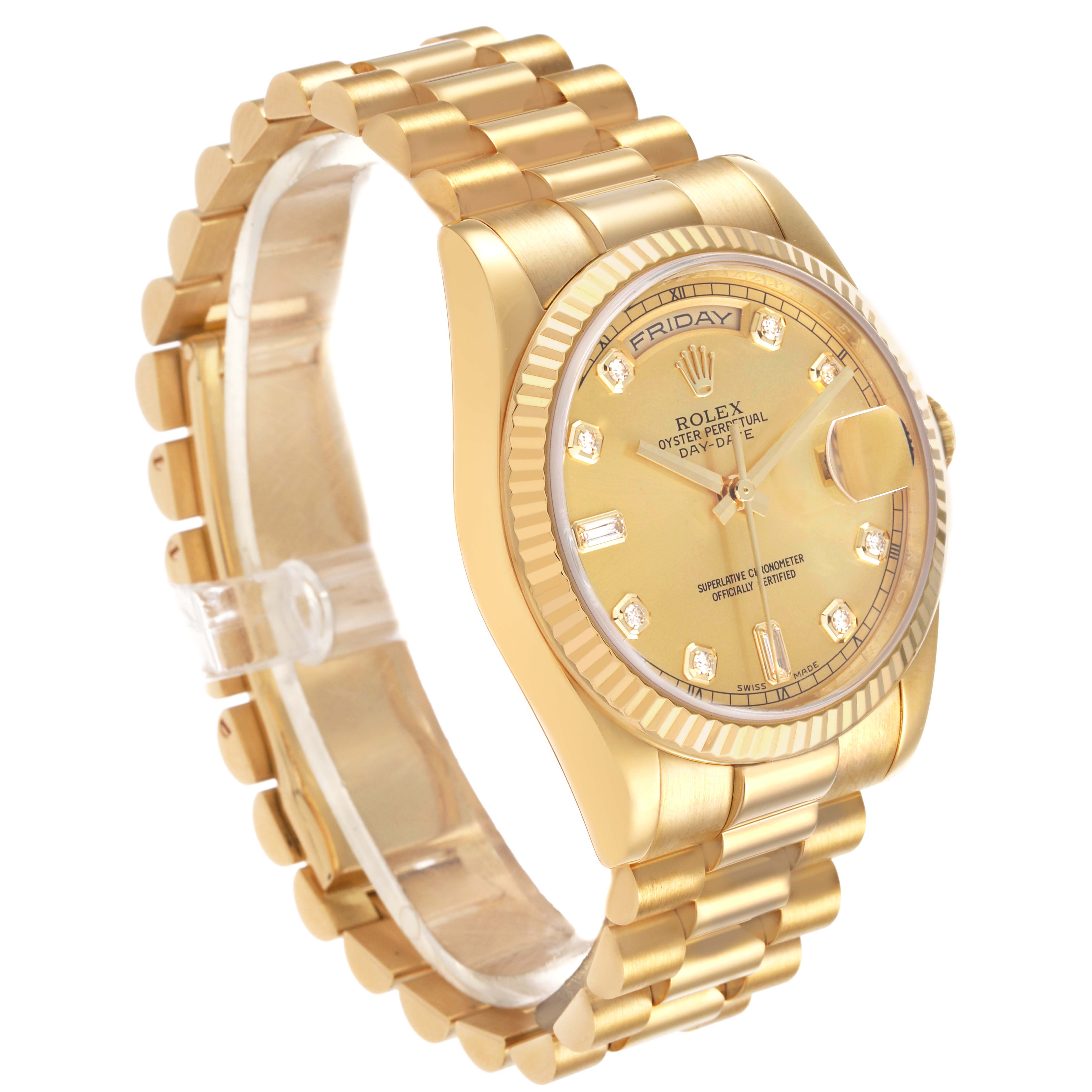 The Rolex President 118238 Men's Yellow Gold Champagne Dial watch is shown at a three-quarter angle, displaying the face, bracelet, and side profile.