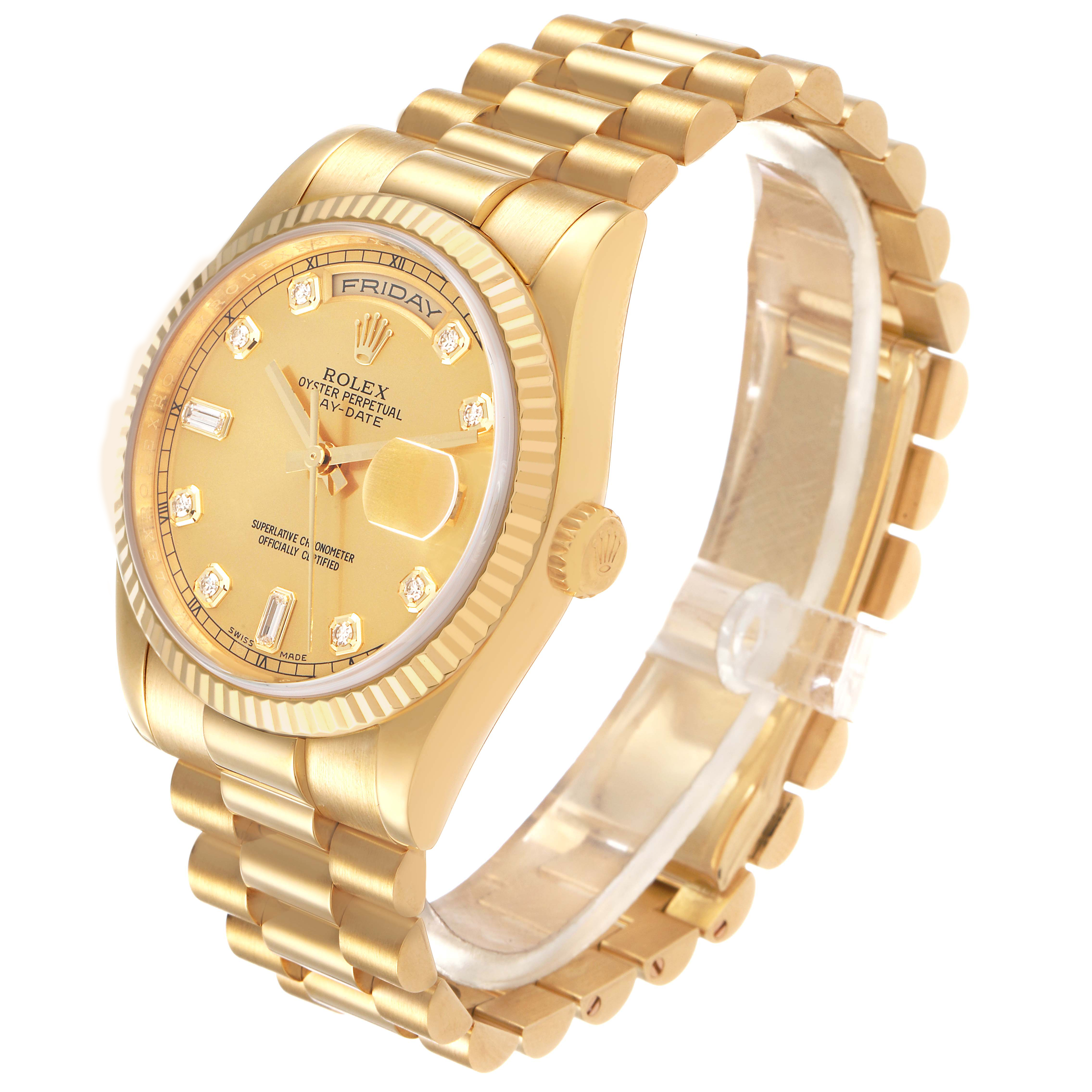 The Rolex President 118238 Men's Yellow Gold Champagne Dial model watch is shown at a three-quarter angle, highlighting the bracelet, face, and crown.