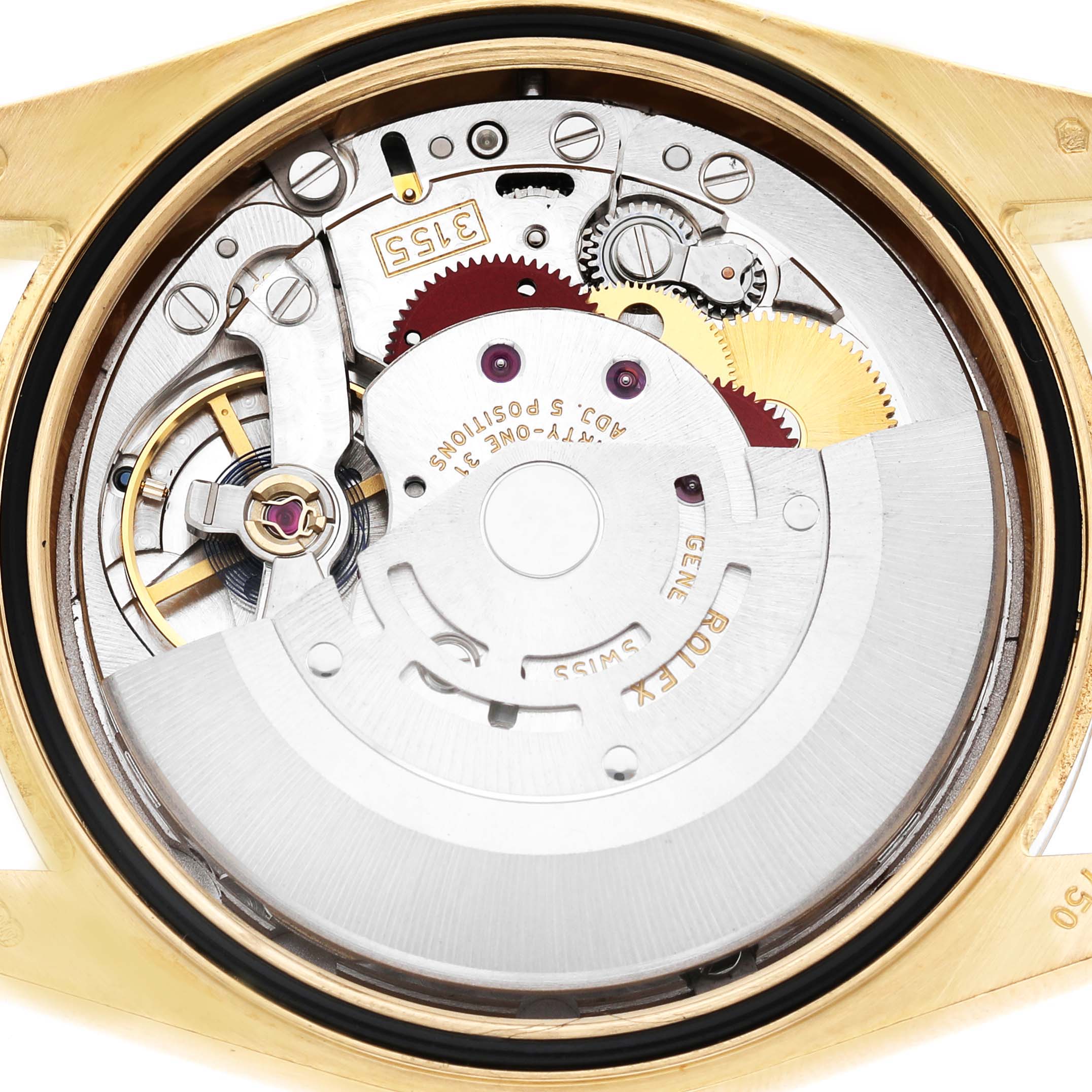 The image shows the back view of the Rolex President 118238 Men's Yellow Gold Champagne Dial model watch, highlighting its intricate mechanical movement.