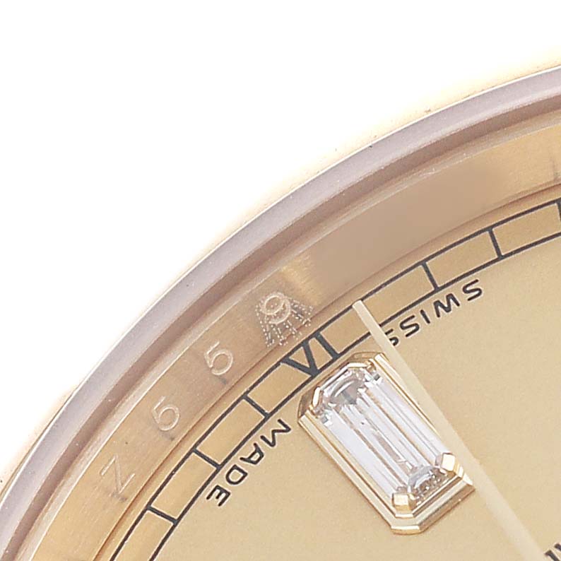 The image shows a close-up of the Rolex President 118238 Men's Yellow Gold Champagne Dial watch face, focusing on the dial's edge, indices, and part of the bezel.