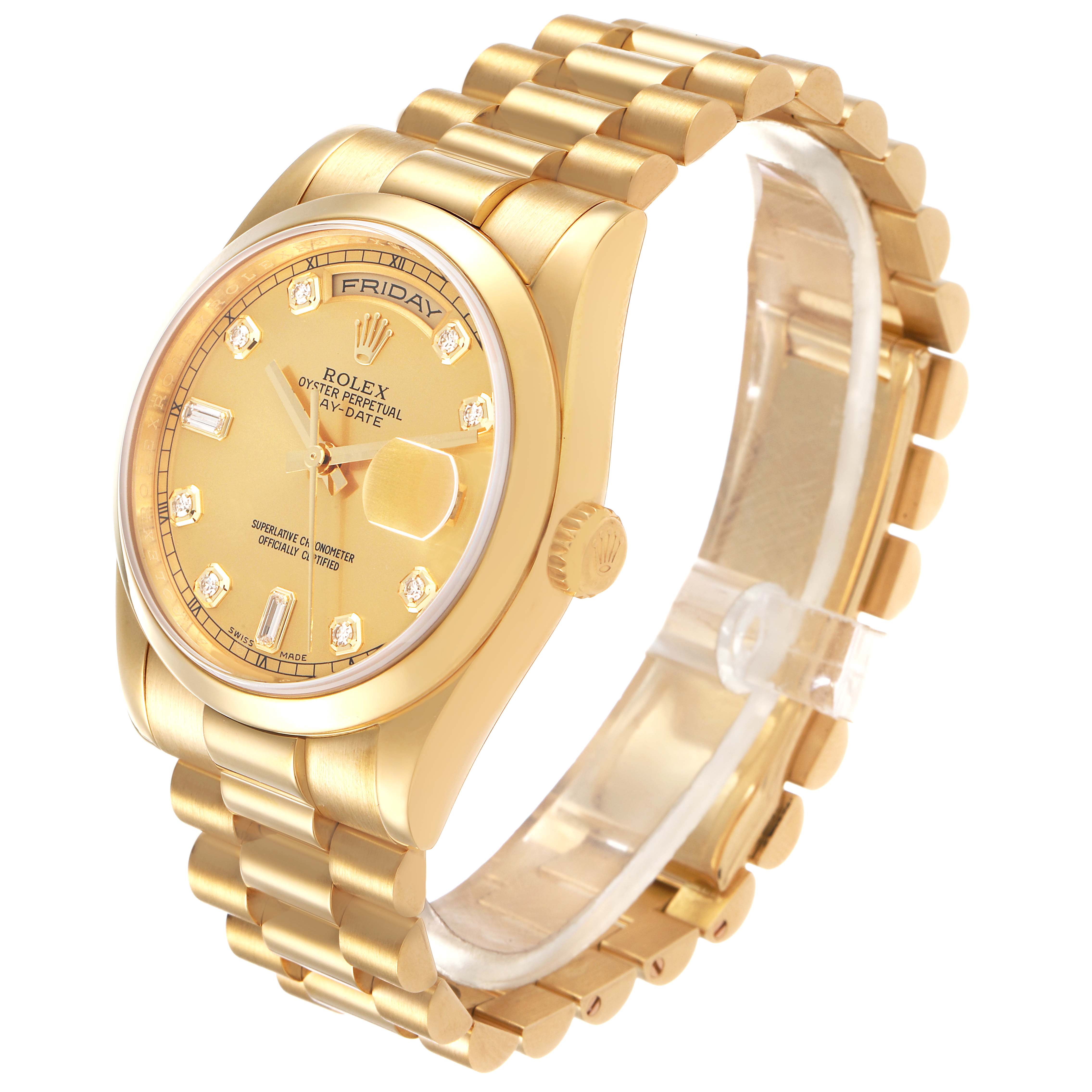 The Rolex President 118238 Men's Yellow Gold Champagne Dial model is shown at an angled view displaying the dial, bracelet, and crown.