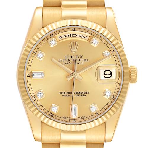 The Rolex President 118238 Men's Yellow Gold Champagne Dial model watch is shown from the front, highlighting the dial, hands, bezel, and part of the gold bracelet.
