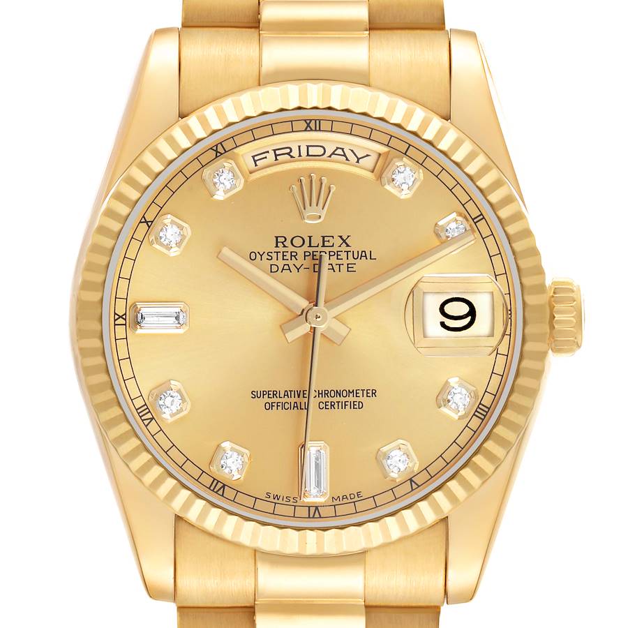 The Rolex President 118238 Men's Yellow Gold Champagne Dial model is shown from the front, highlighting the gold dial, date window, and day display.