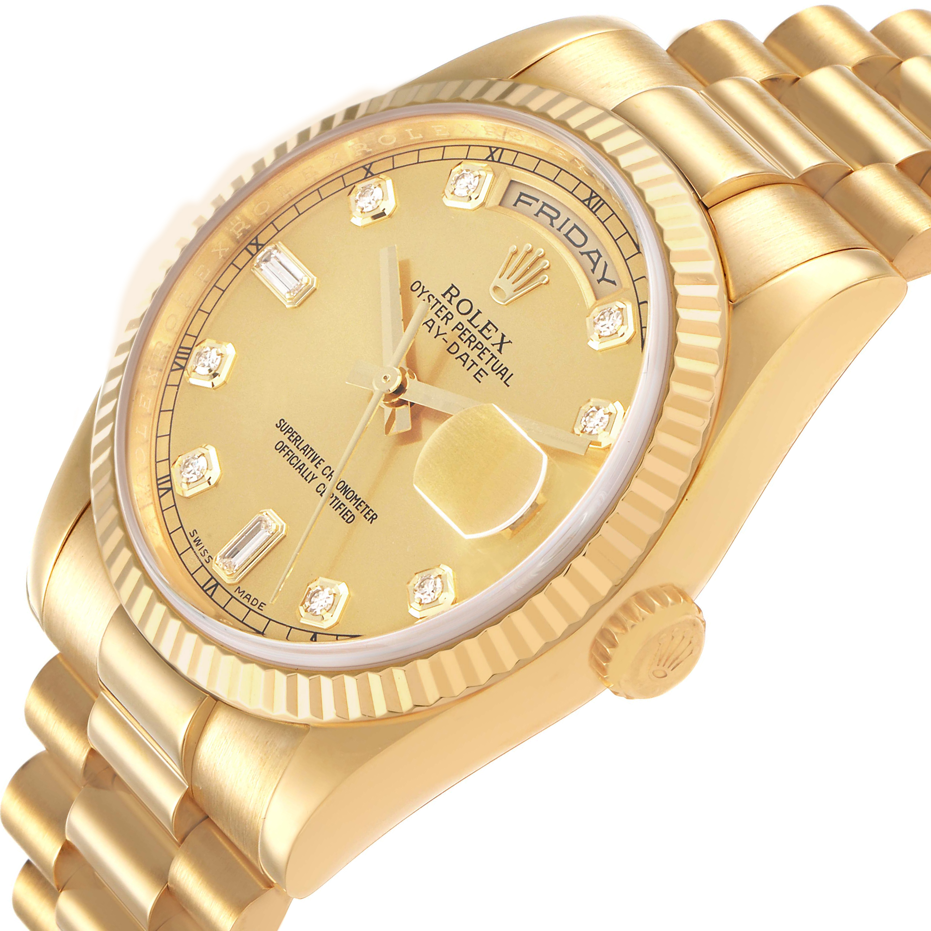 The Rolex President 118238 Men's Yellow Gold Champagne Dial watch is shown at an angled view, displaying the dial, fluted bezel, and part of the bracelet.