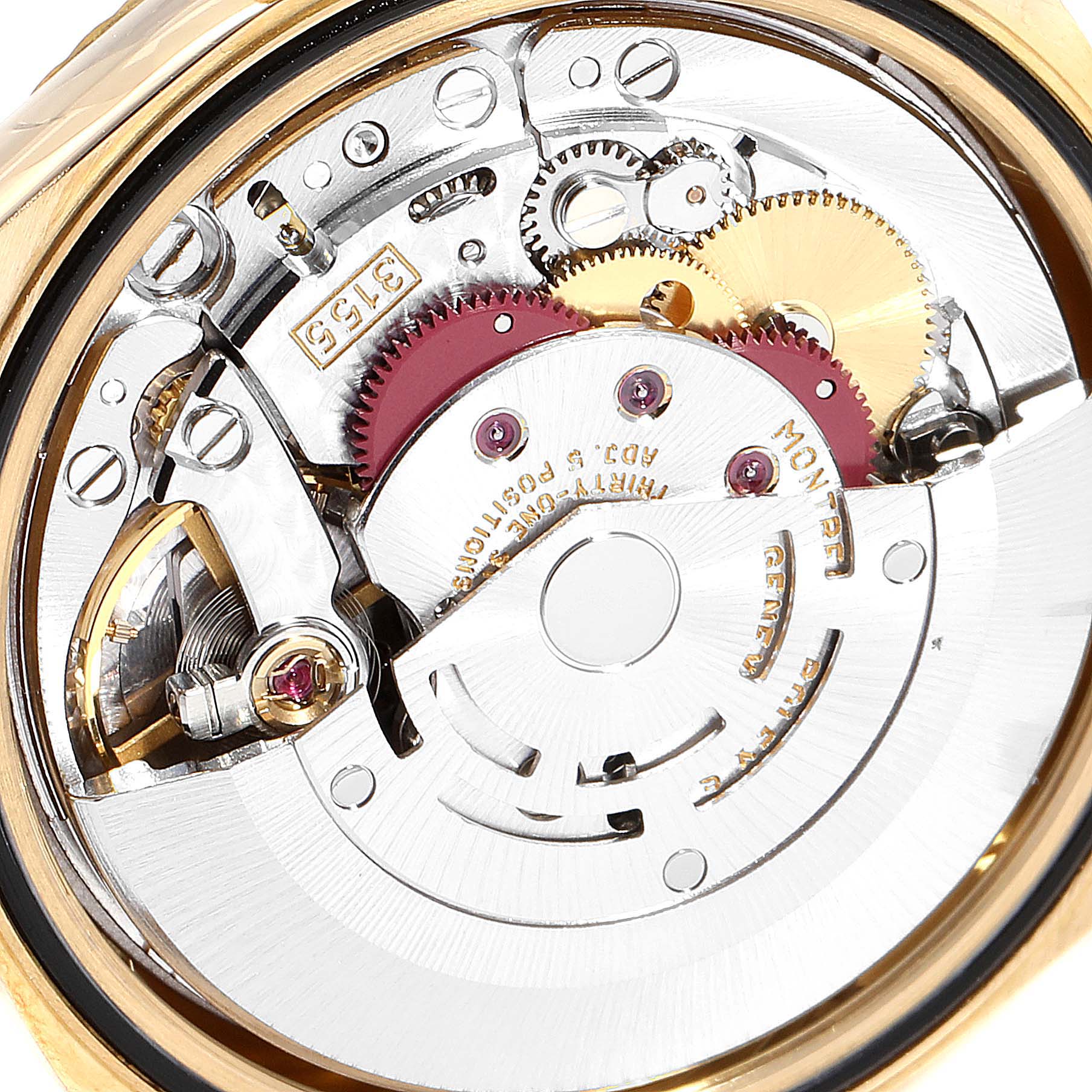 This image shows the intricate internal mechanism of a Rolex President 18238 Men
s Yellow Gold Champagne Dial 18238 Men
s Yellow Gold Champagne Dial model watch viewed from the back.
