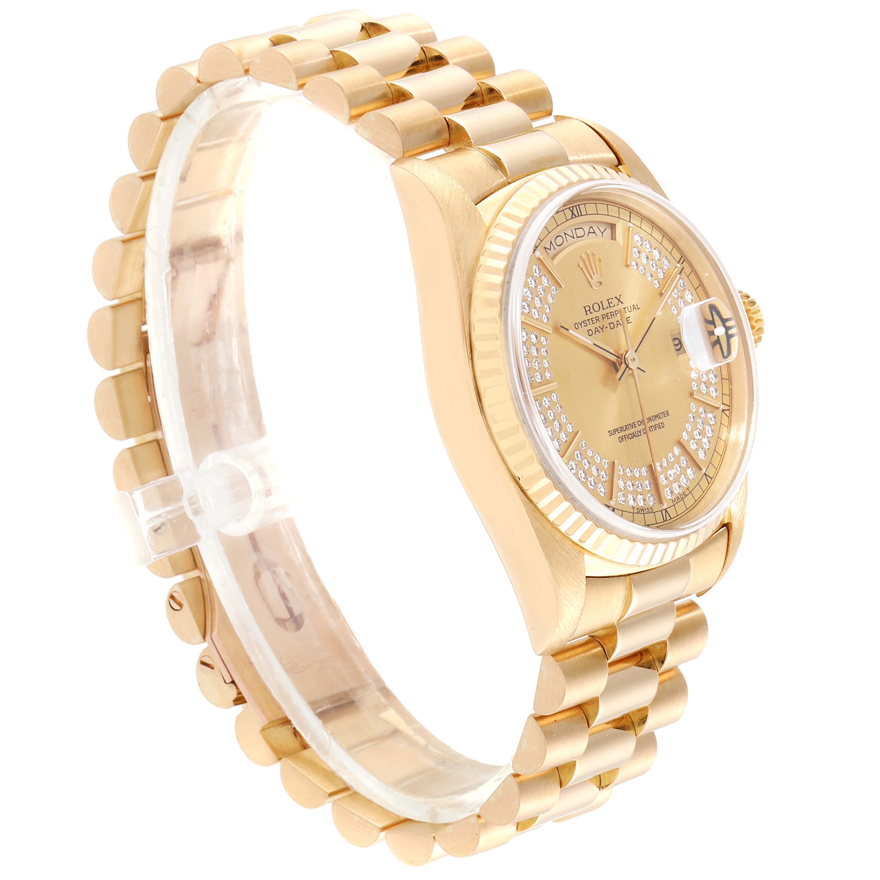 The Rolex President 18238 Men
s Yellow Gold Champagne Dial 18238 Men
s Yellow Gold Champagne Dial model watch is shown from a side angle, highlighting its gold band, bezel, and diamond-accented dial.