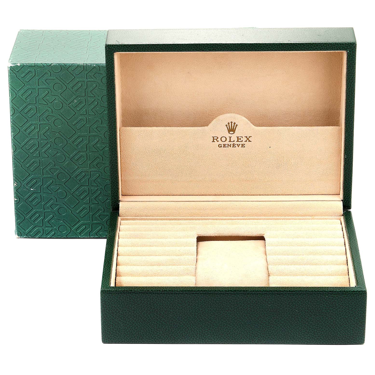 The image shows an open Rolex President 18238 Men
s Yellow Gold Champagne Dial 18238 Men
s Yellow Gold Champagne Dial model watch box at a straight-on angle, displaying its storage compartments and interior.