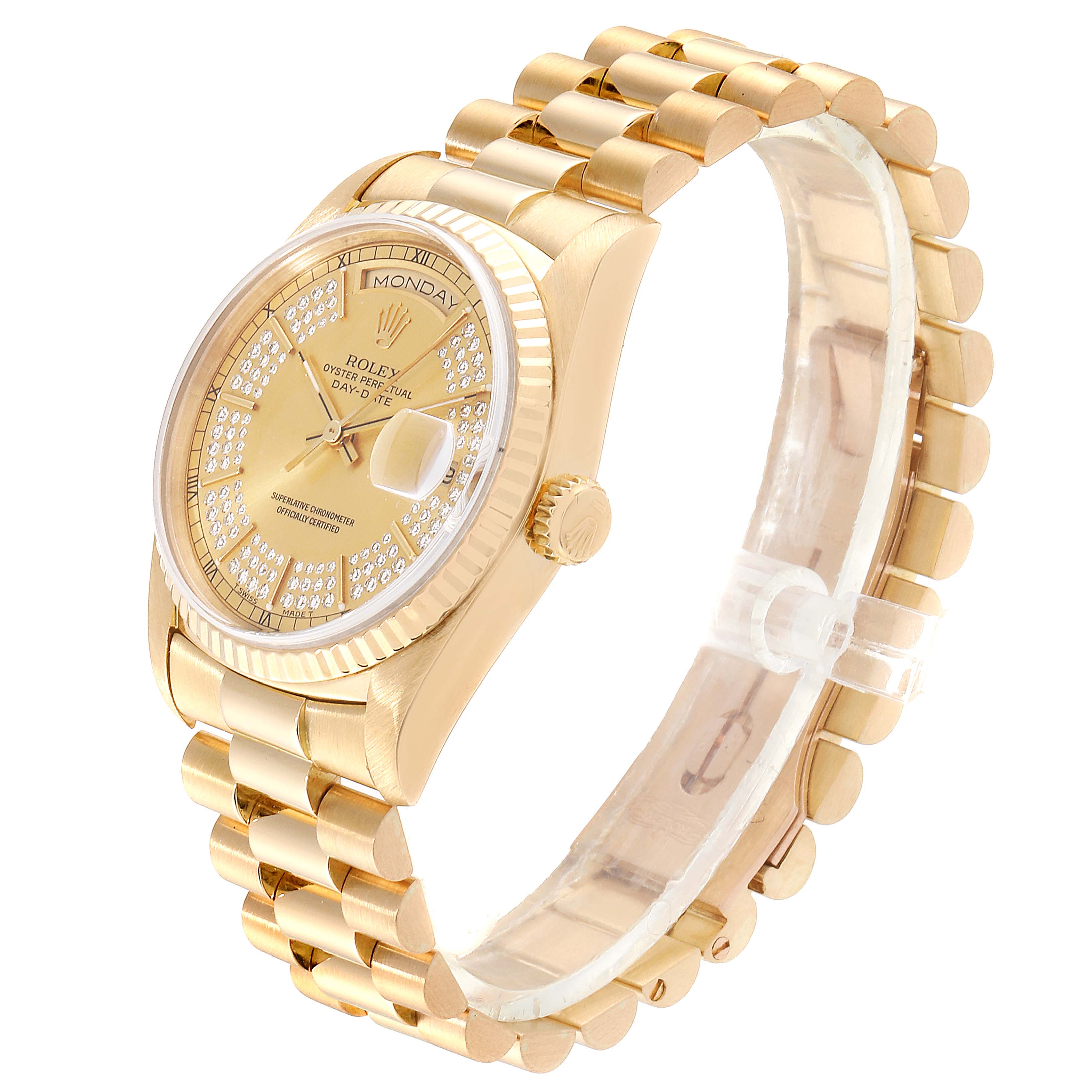 The image shows a Rolex President 18238 Men
s Yellow Gold Champagne Dial 18238 Men
s Yellow Gold Champagne Dial model watch at an angle highlighting its gold case, dial, and bracelet.