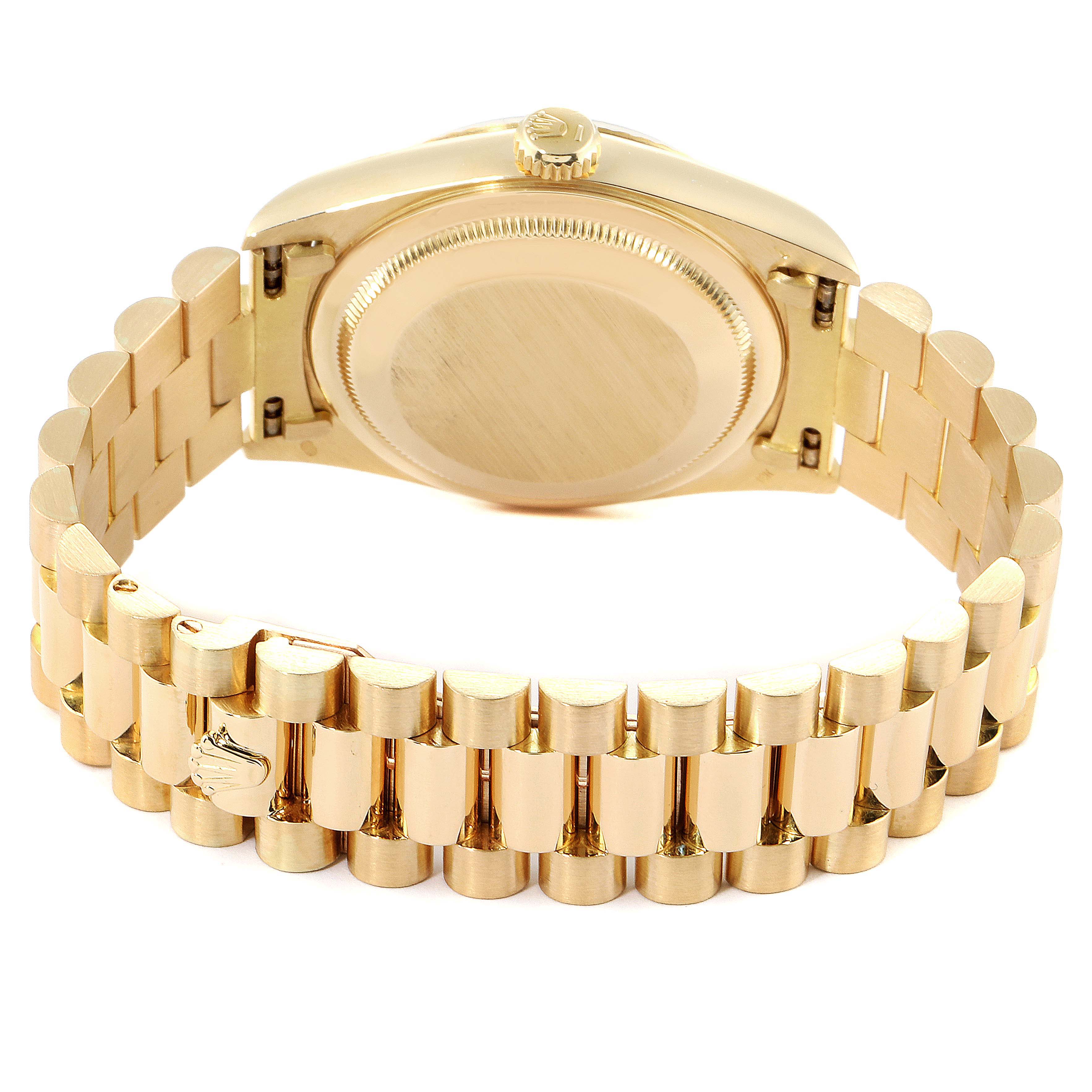 This image shows the backside and bracelet of a Rolex President 18238 Men
s Yellow Gold Champagne Dial 18238 Men
s Yellow Gold Champagne Dial model watch, focusing on the clasp and case back.