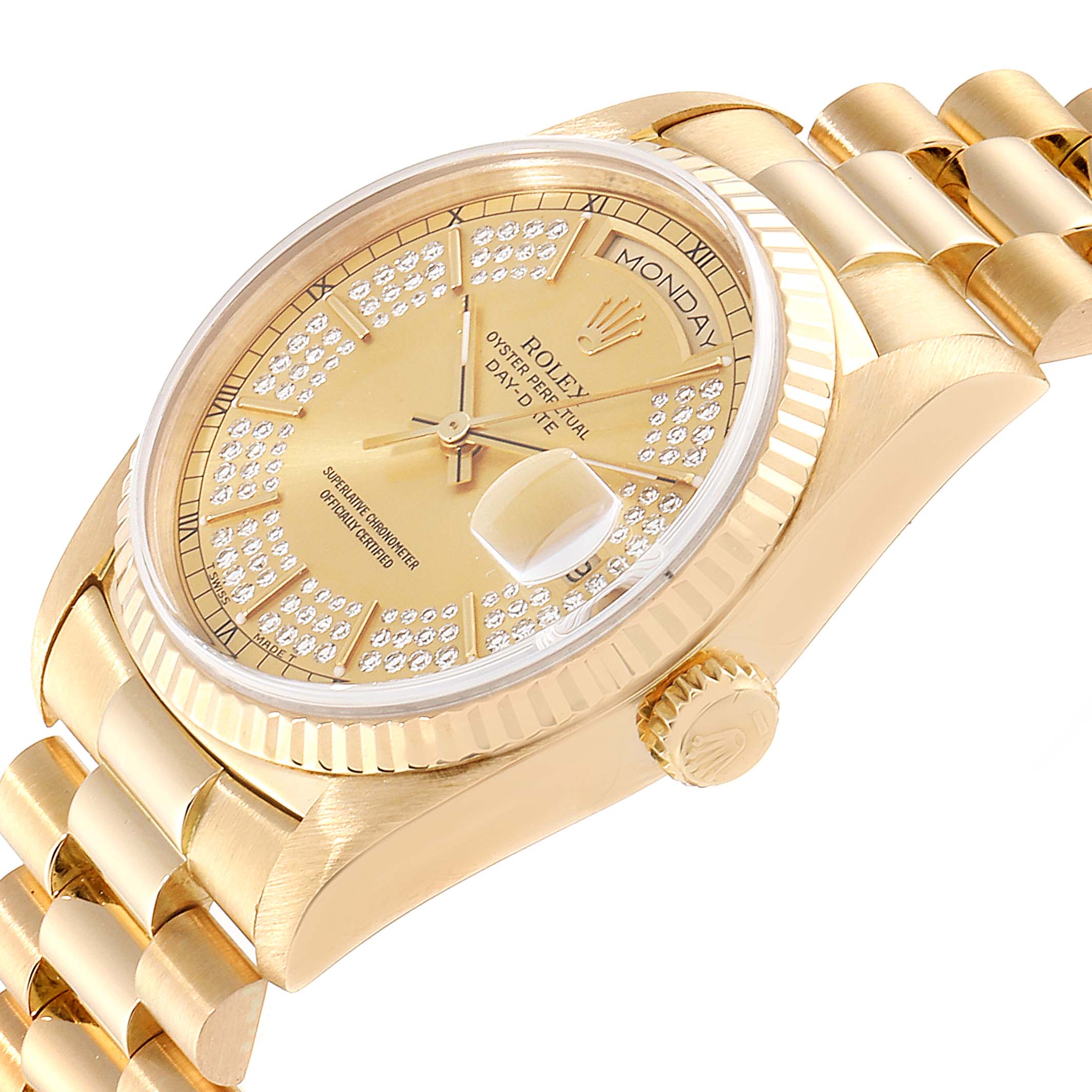 This image shows a side-angle view of a gold Rolex President 18238 Men
s Yellow Gold Champagne Dial 18238 Men
s Yellow Gold Champagne Dial watch, including the dial, bezel, and crown.