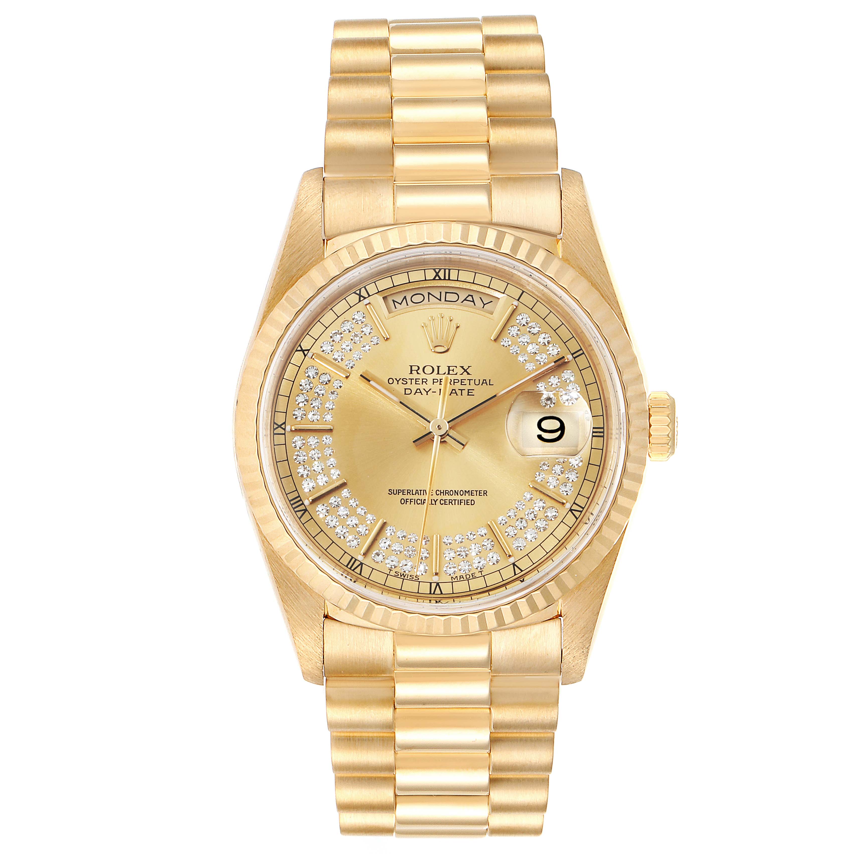 The image shows a frontal view of a Rolex President 18238 Men
s Yellow Gold Champagne Dial 18238 Men
s Yellow Gold Champagne Dial model watch, displaying the dial, bracelet, crown, and date window.