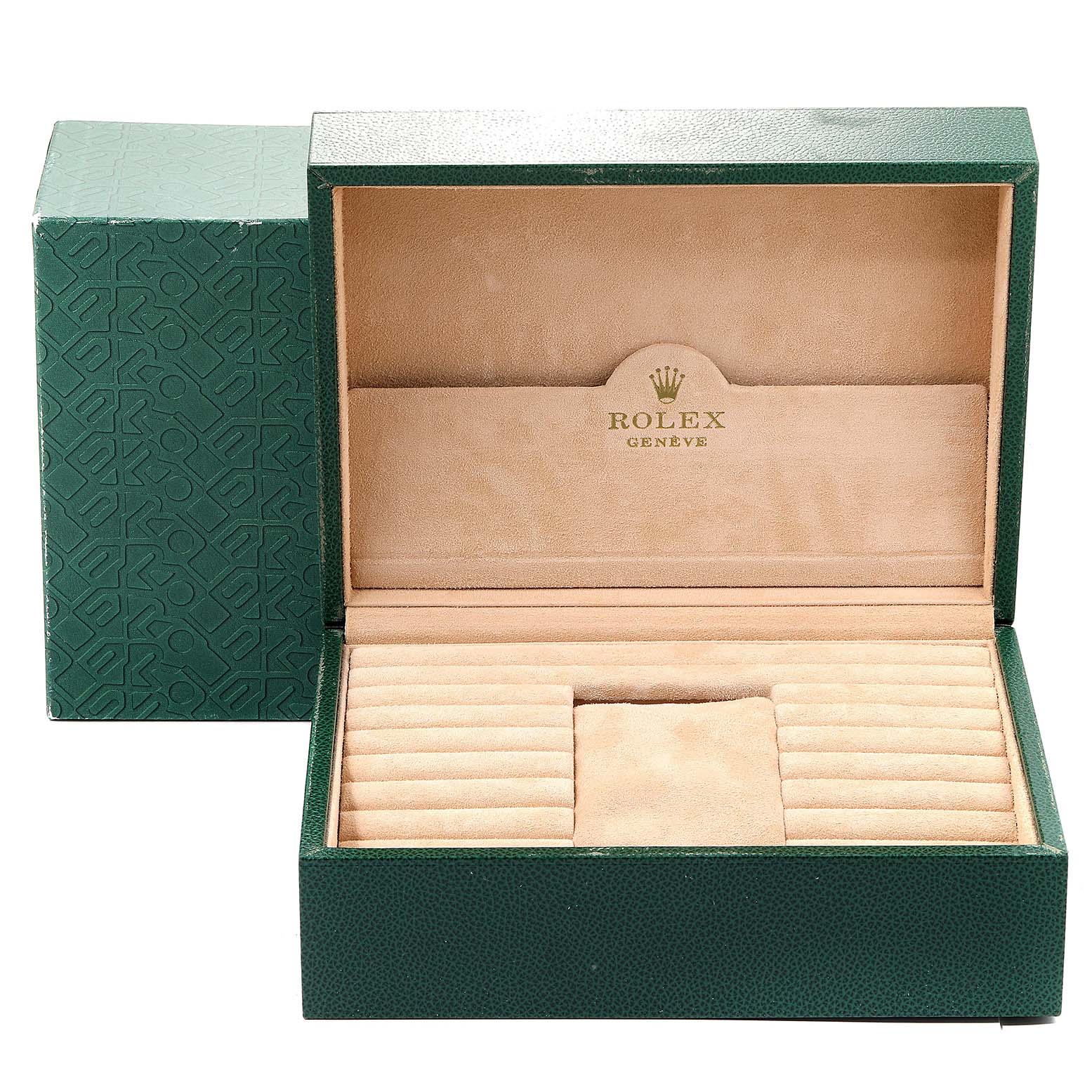 The image shows the open box for a Rolex President 18238 Men's Yellow Gold Champagne Dial 18238 Men's Yellow Gold Champagne Dial model watch, displaying its beige interior compartments.