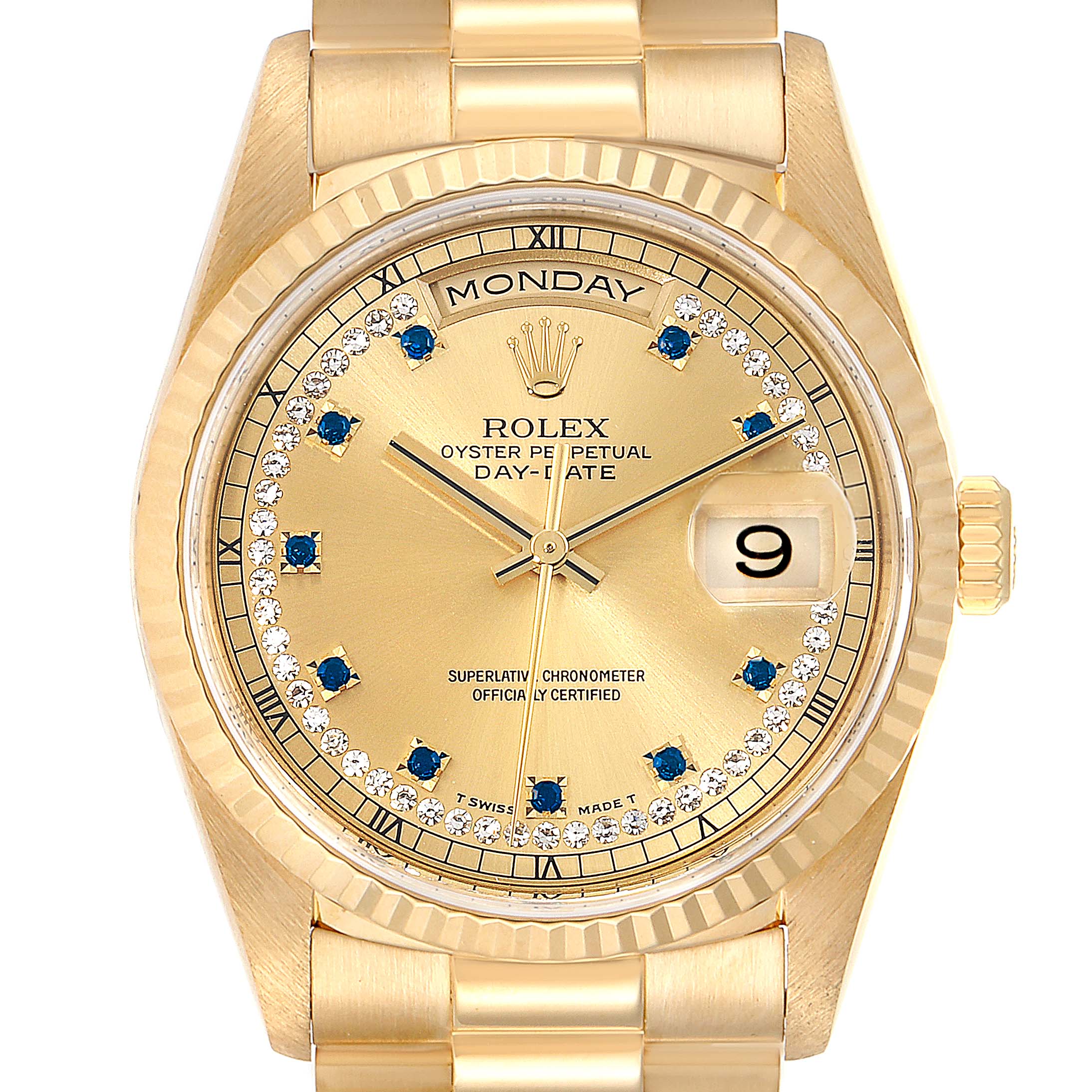 The image shows a front view of a Rolex President 18238 Men's Yellow Gold Champagne Dial 18238 Men's Yellow Gold Champagne Dial Day-Date watch with focus on its gold dial, day and date display, and diamond hour markers.