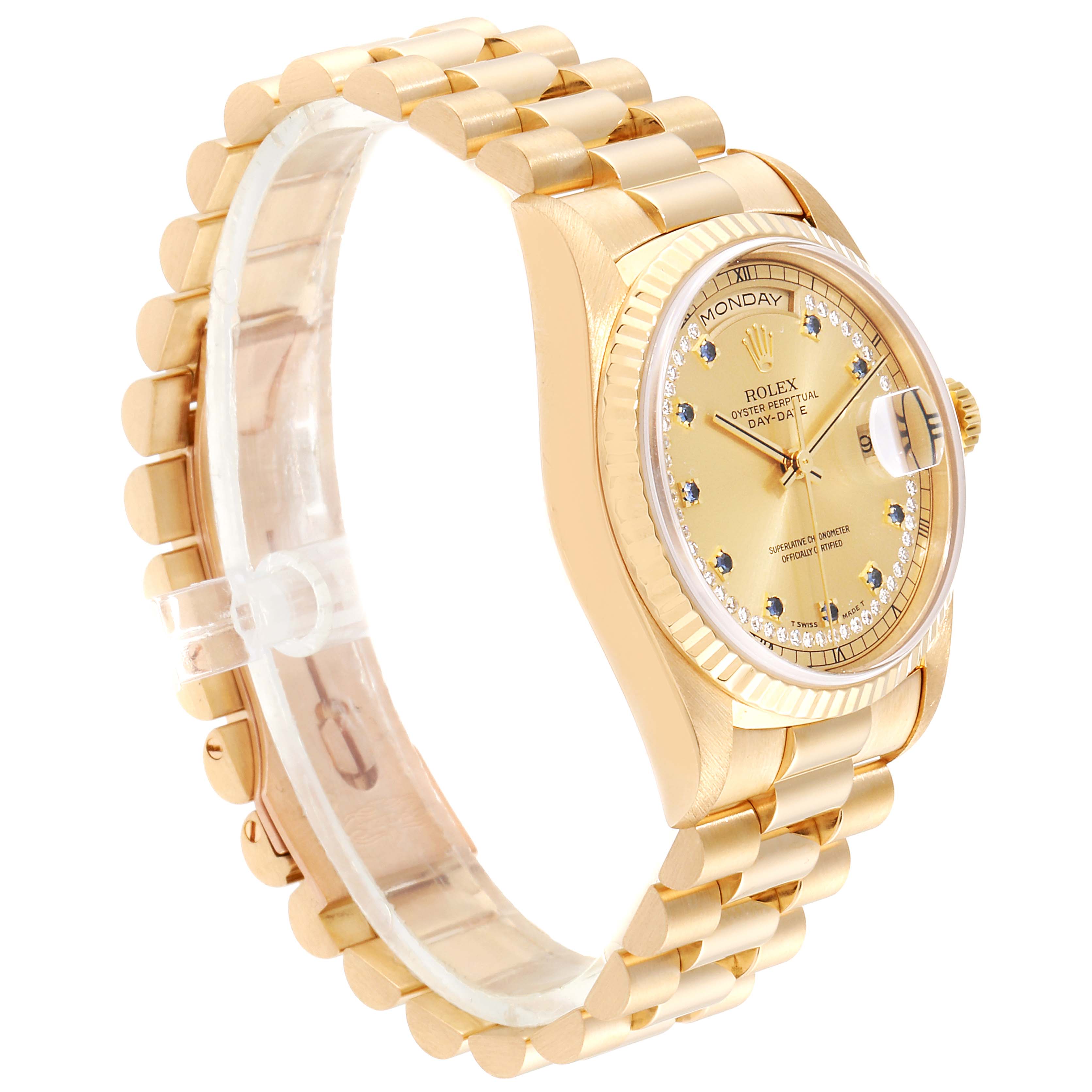 This image shows a side angle of the Rolex President 18238 Men's Yellow Gold Champagne Dial 18238 Men's Yellow Gold Champagne Dial model watch, highlighting its bracelet, case, and dial.