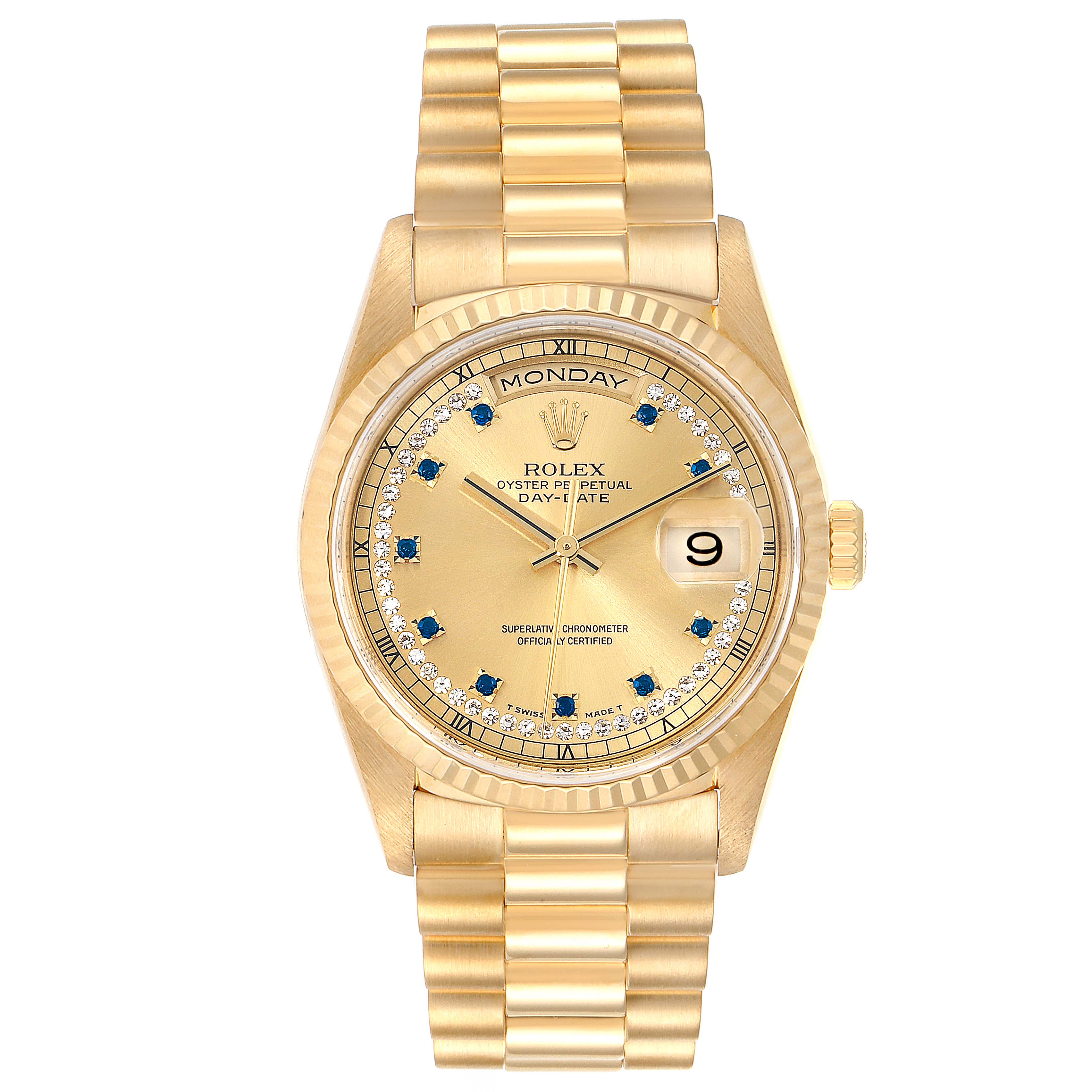 This is a full frontal view of the Rolex President 18238 Men's Yellow Gold Champagne Dial 18238 Men's Yellow Gold Champagne Dial model watch, showing its dial, bracelet, and bezel.