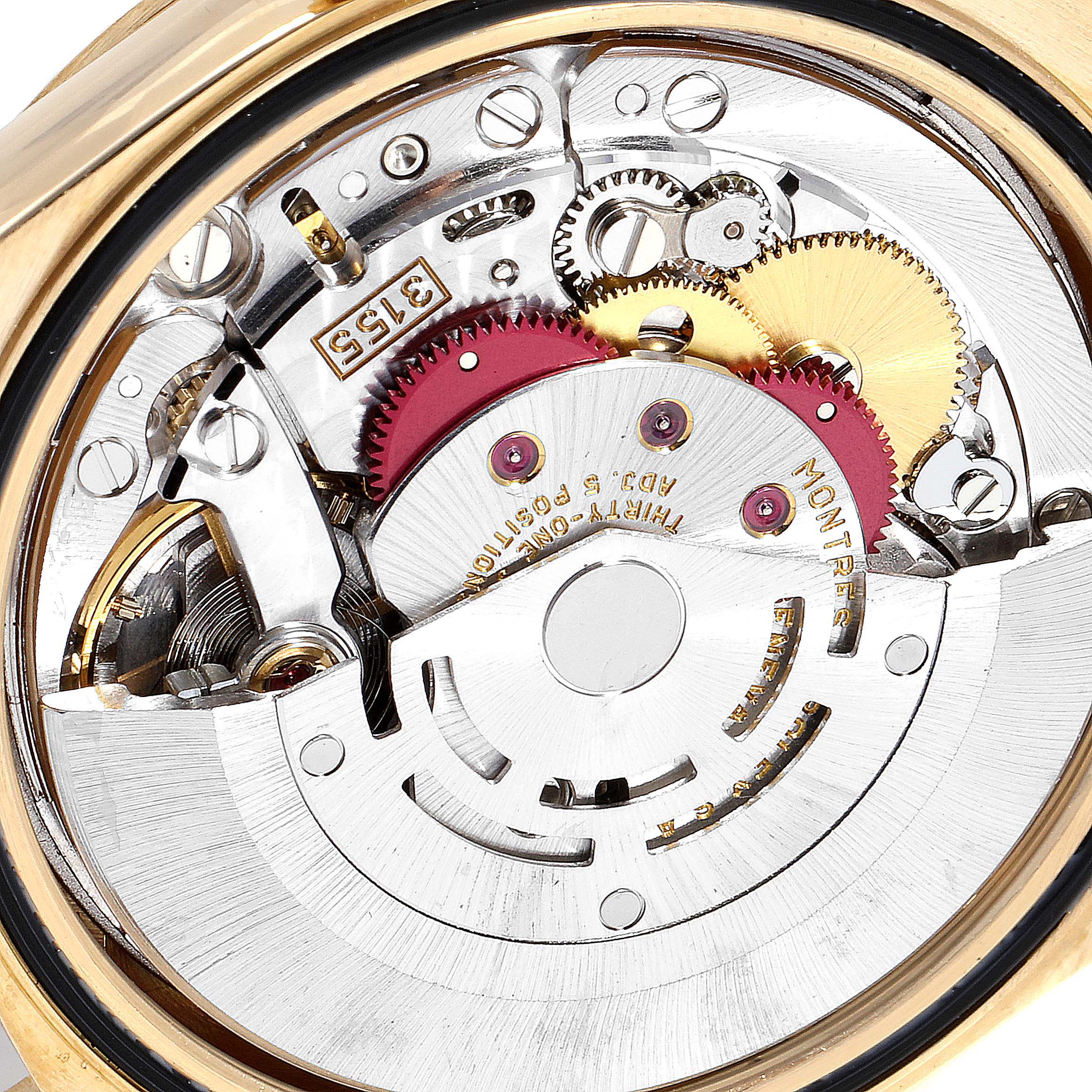 This image shows the internal mechanism of a Rolex President 18238 Men's Yellow Gold Champagne Dial 18238 Men's Yellow Gold Champagne Dial model watch from a close-up, angled top-down view.