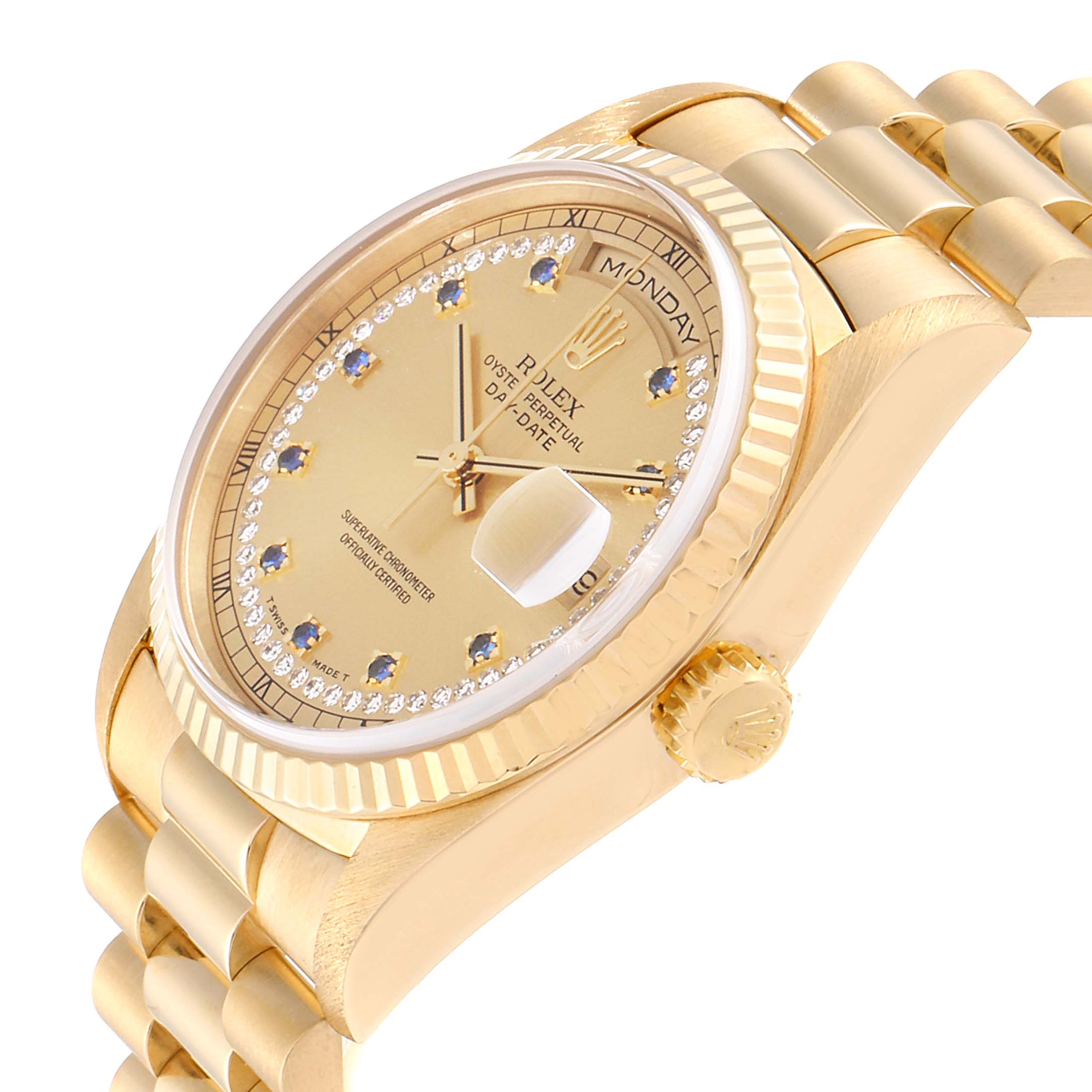 This image shows a close-up, angled view of the gold Rolex President 18238 Men's Yellow Gold Champagne Dial 18238 Men's Yellow Gold Champagne Dial model watch, highlighting the face, bezel, and part of the bracelet.