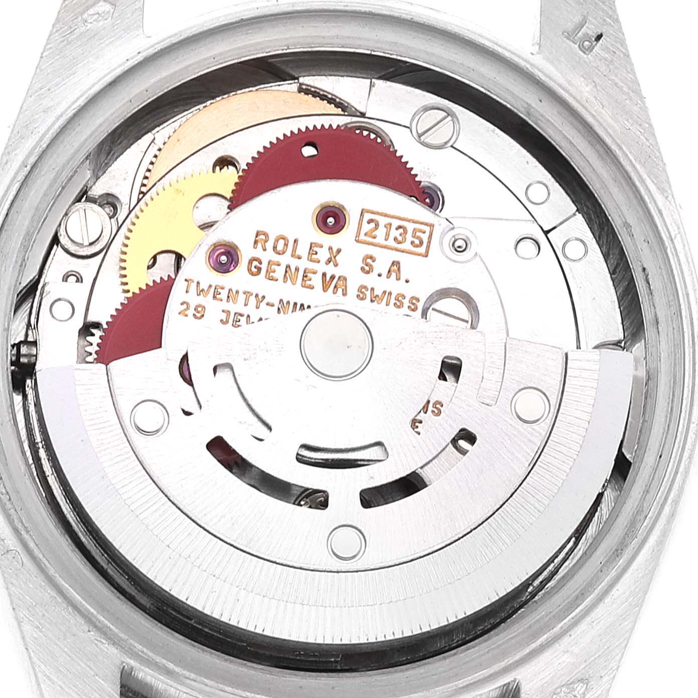 The image shows the internal mechanism of a Rolex President 69136 Women's Stainless Steel Silver Dial 69136 Women's Stainless Steel Silver Dial model watch from an open-back angle.