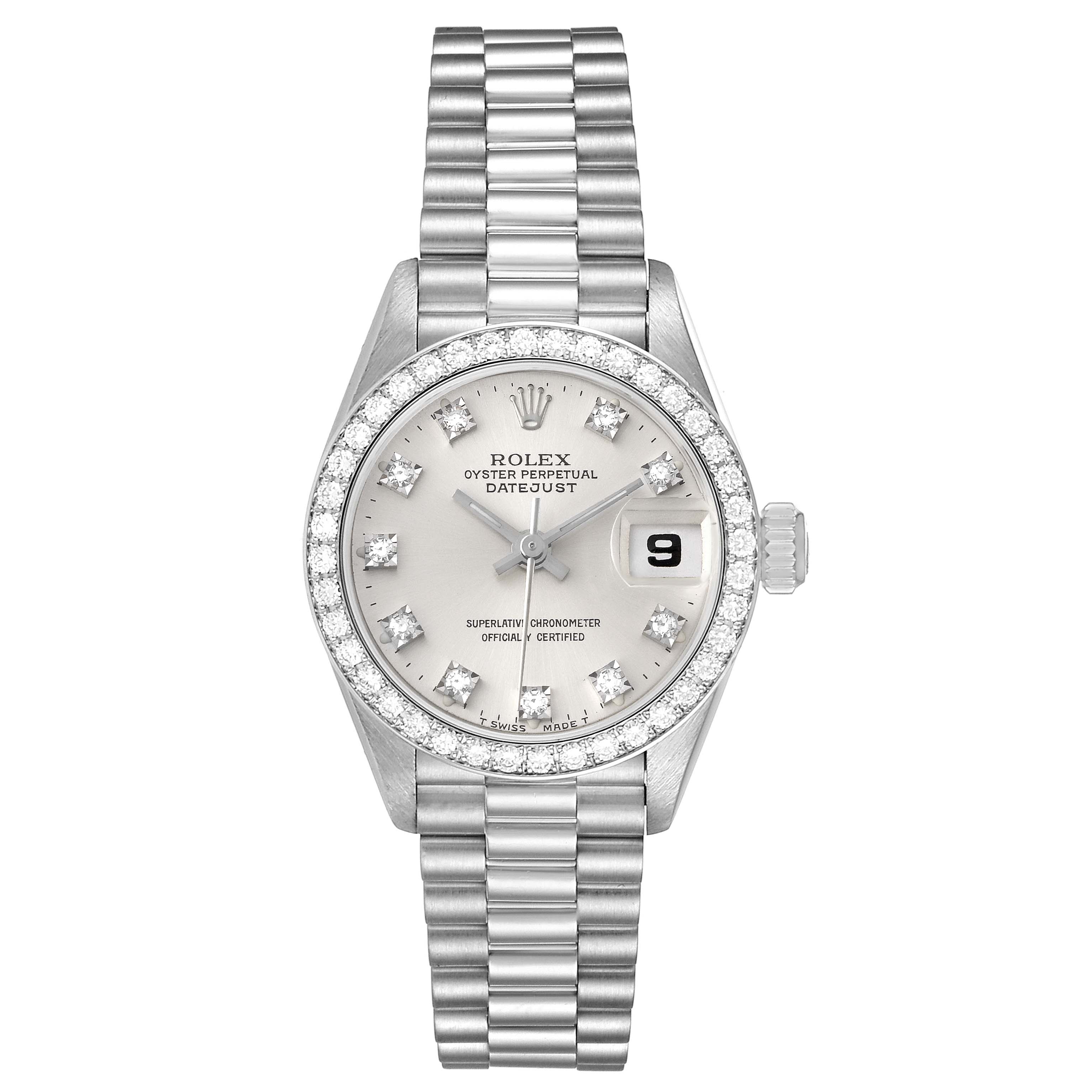 This image shows a frontal view of a Rolex President 69136 Women's Stainless Steel Silver Dial 69136 Women's Stainless Steel Silver Dial model watch, displaying the dial, bracelet, and crown.
