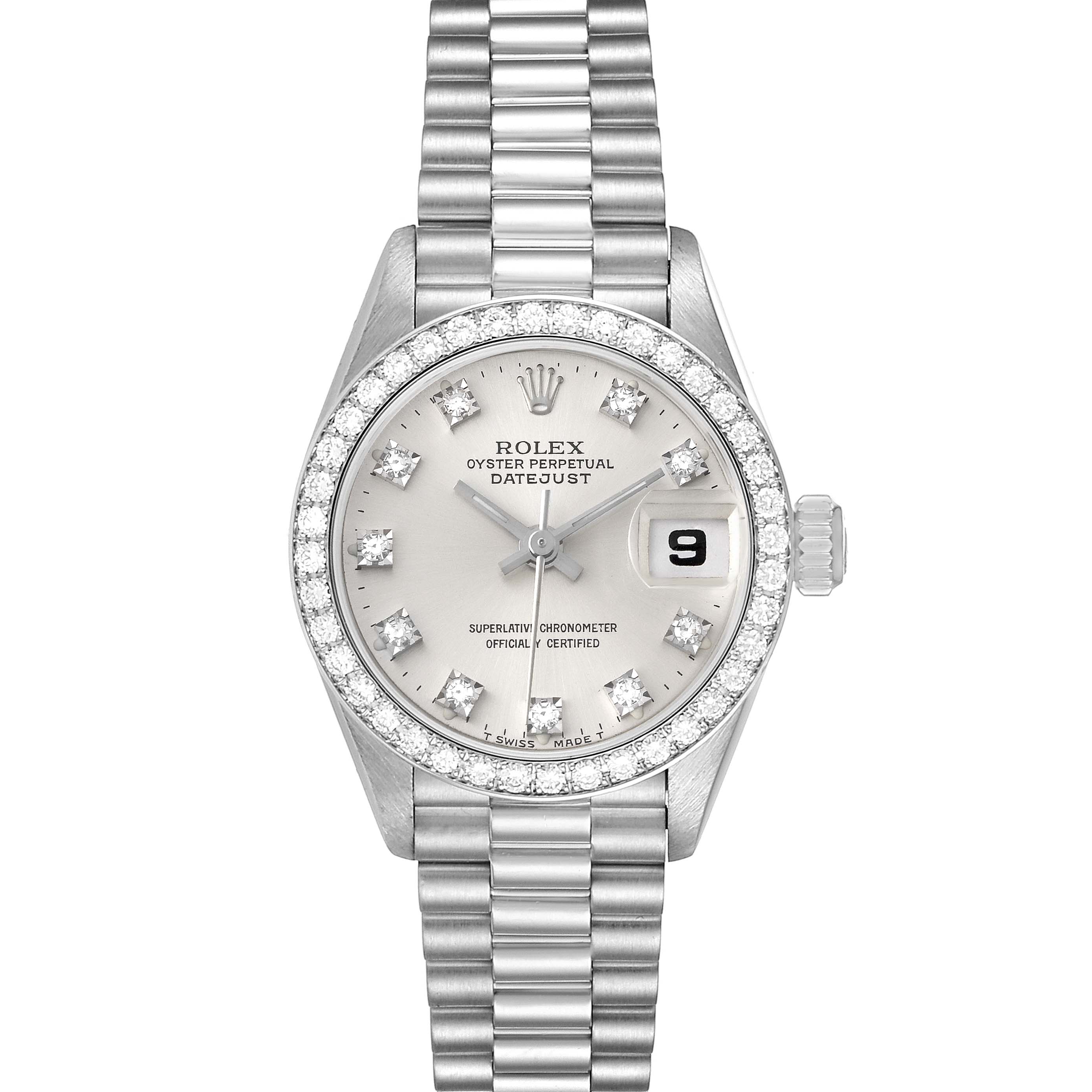 The image shows a Rolex President 69136 Women's Stainless Steel Silver Dial 69136 Women's Stainless Steel Silver Dial model watch, displaying the dial, bezel, case, crown, and bracelet from a front angle.