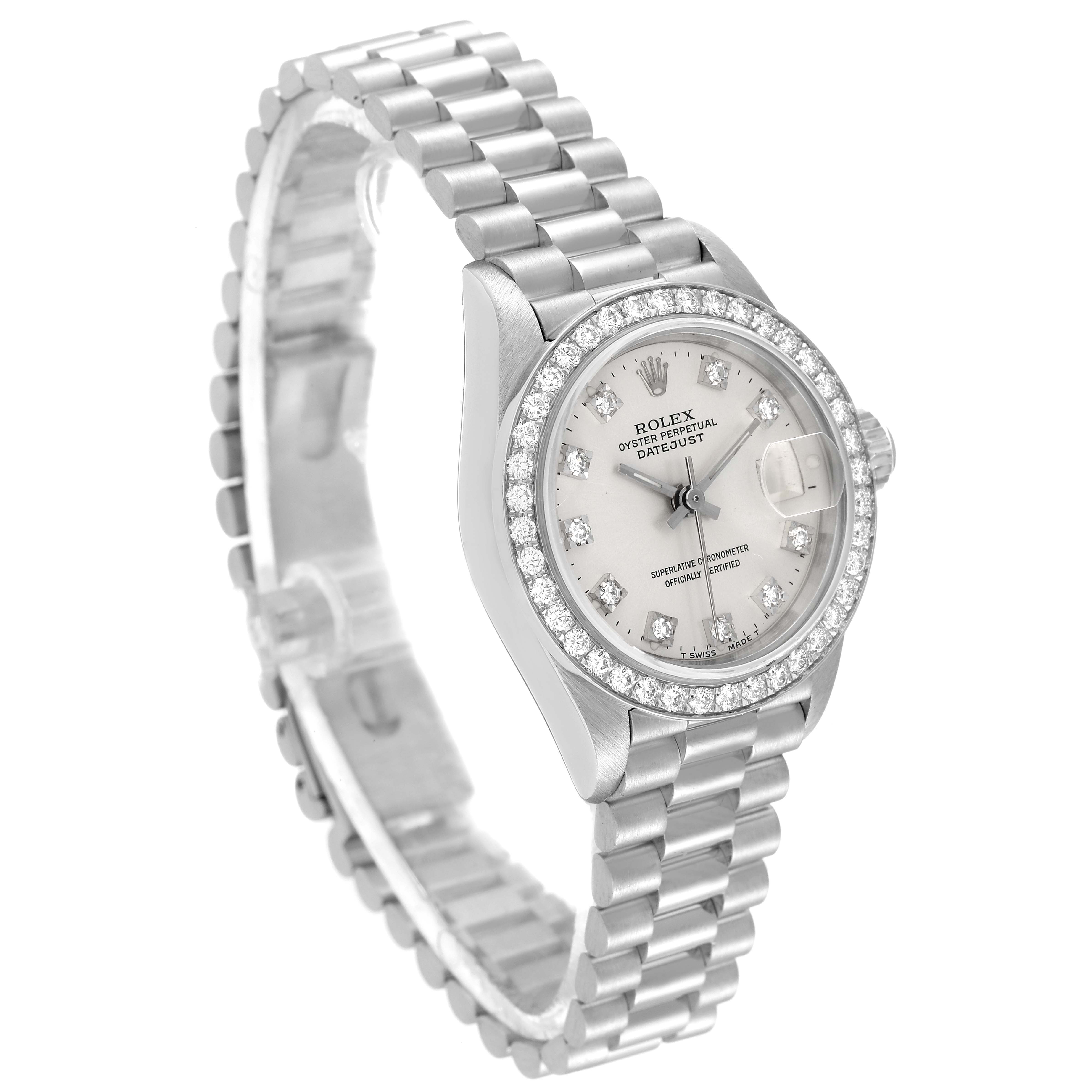 The Rolex President 69136 Women's Stainless Steel Silver Dial 69136 Women's Stainless Steel Silver Dial model watch is shown at an oblique angle, highlighting its face, bezel, crown, and bracelet.