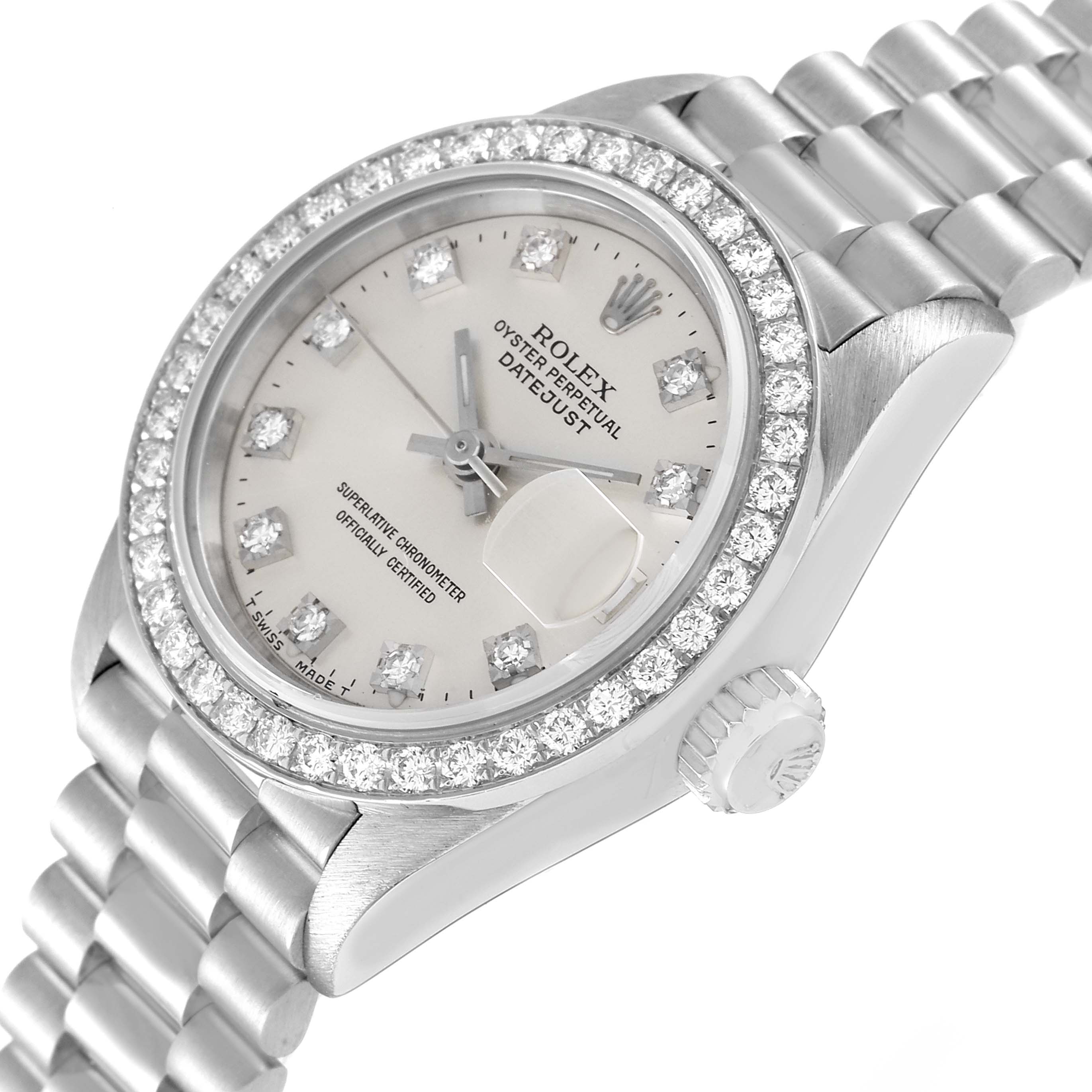 The image shows a close-up of a Rolex President 69136 Women's Stainless Steel Silver Dial 69136 Women's Stainless Steel Silver Dial model watch, highlighting the dial, bezel, crown, and bracelet.
