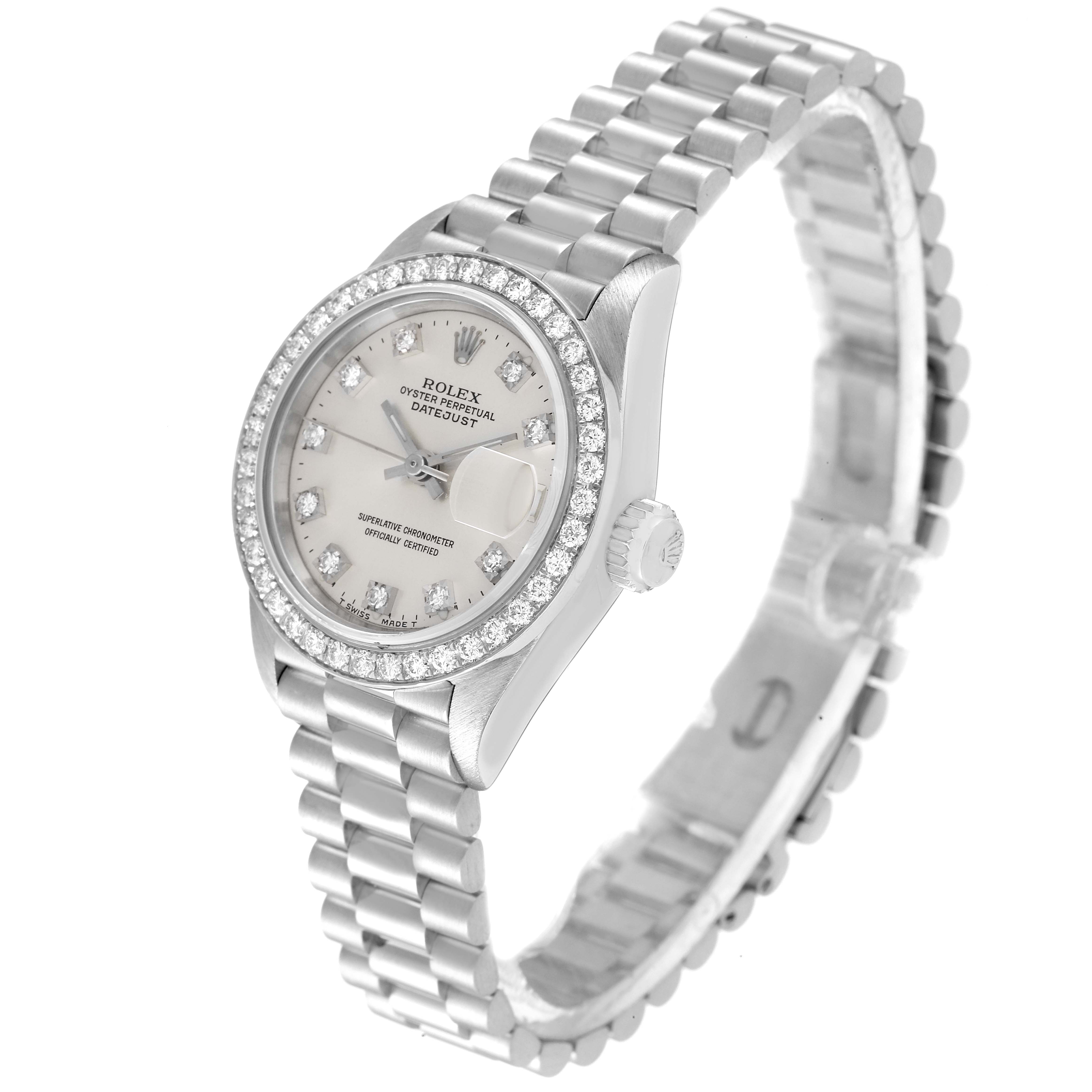 The image shows a Rolex President 69136 Women's Stainless Steel Silver Dial 69136 Women's Stainless Steel Silver Dial model watch at a 3/4 angle, highlighting the face, bezel, crown, and bracelet.