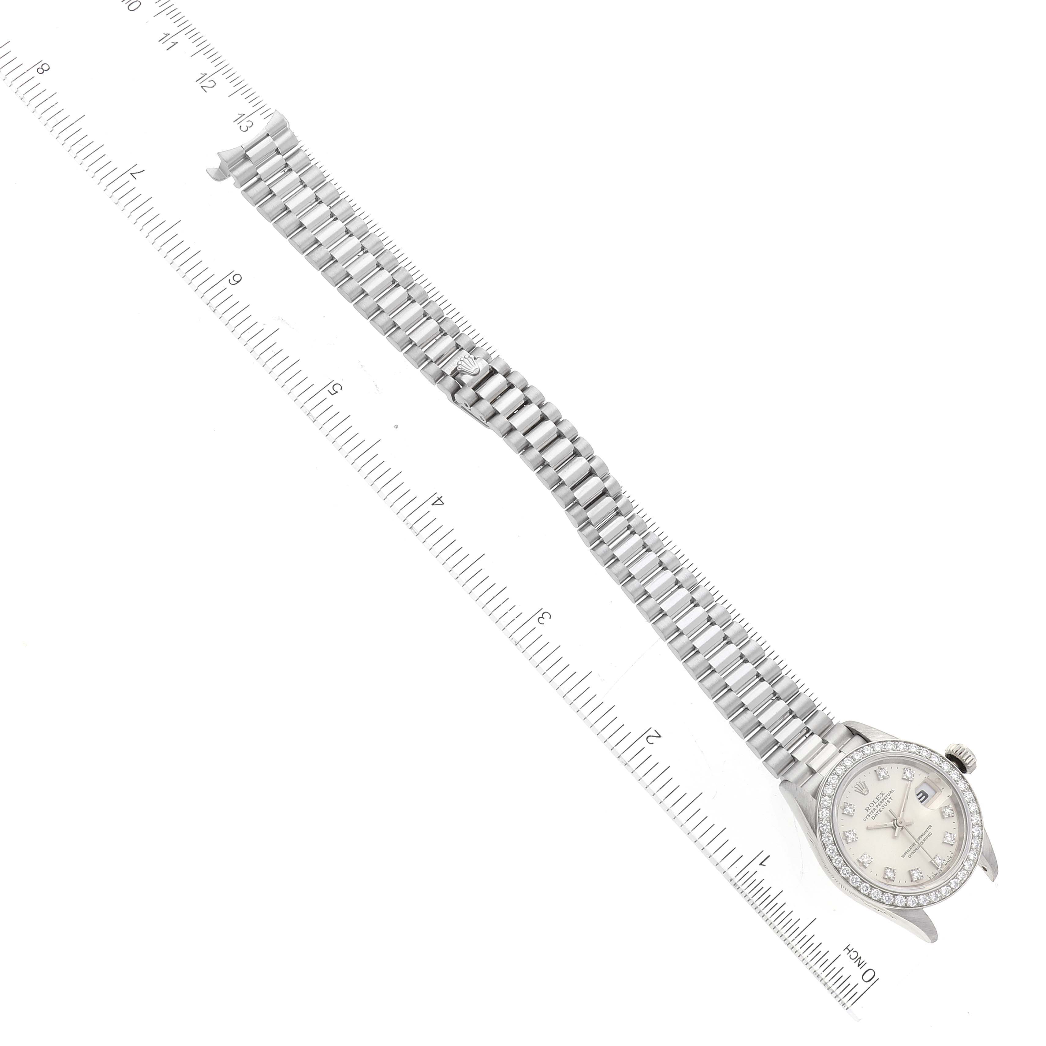 The Rolex President 69136 Women's Stainless Steel Silver Dial 69136 Women's Stainless Steel Silver Dial model watch is shown from a top-down angle, displaying the face, case, and full bracelet.