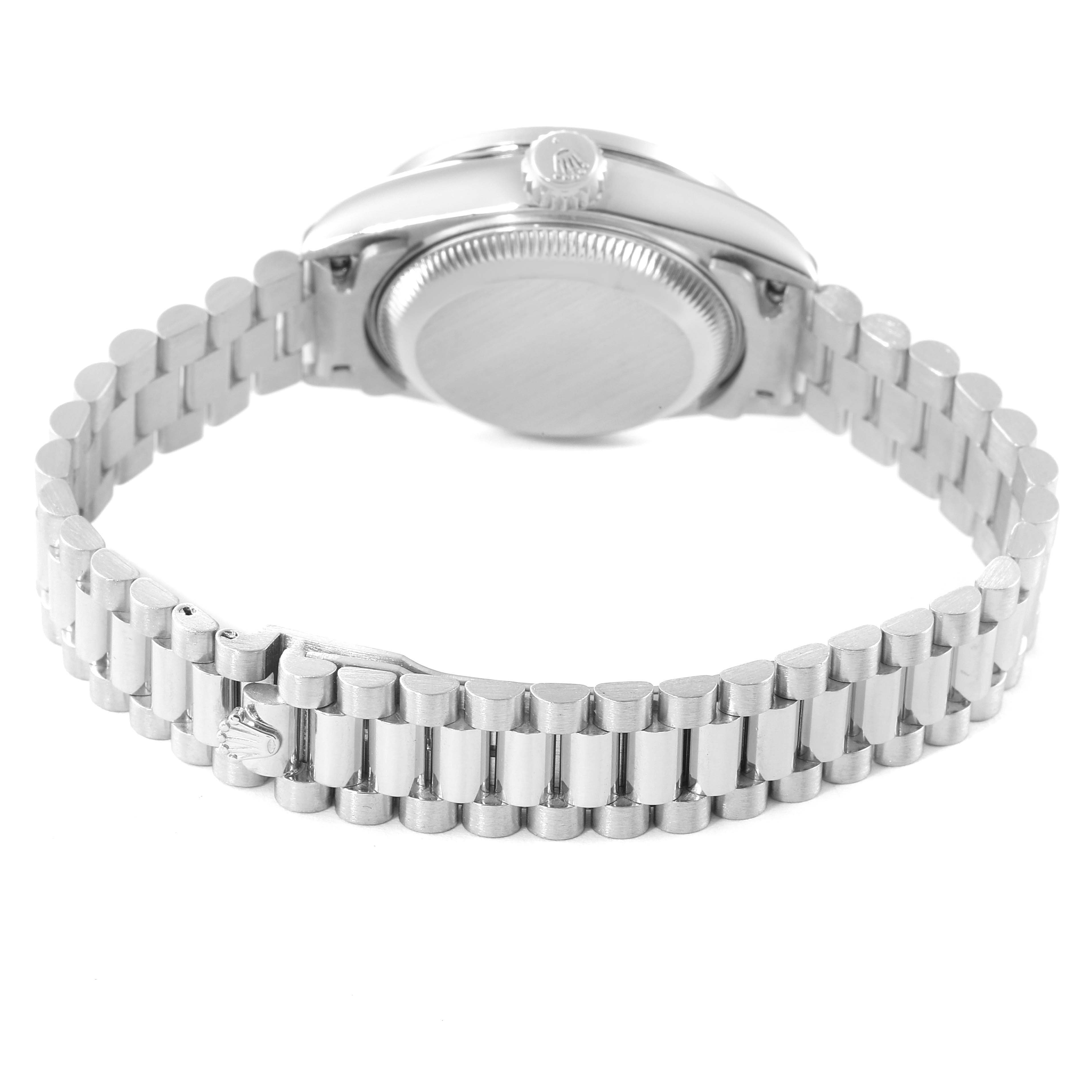 The image shows the back and bracelet of a Rolex President 69136 Women's Stainless Steel Silver Dial 69136 Women's Stainless Steel Silver Dial model watch from a rear angle.