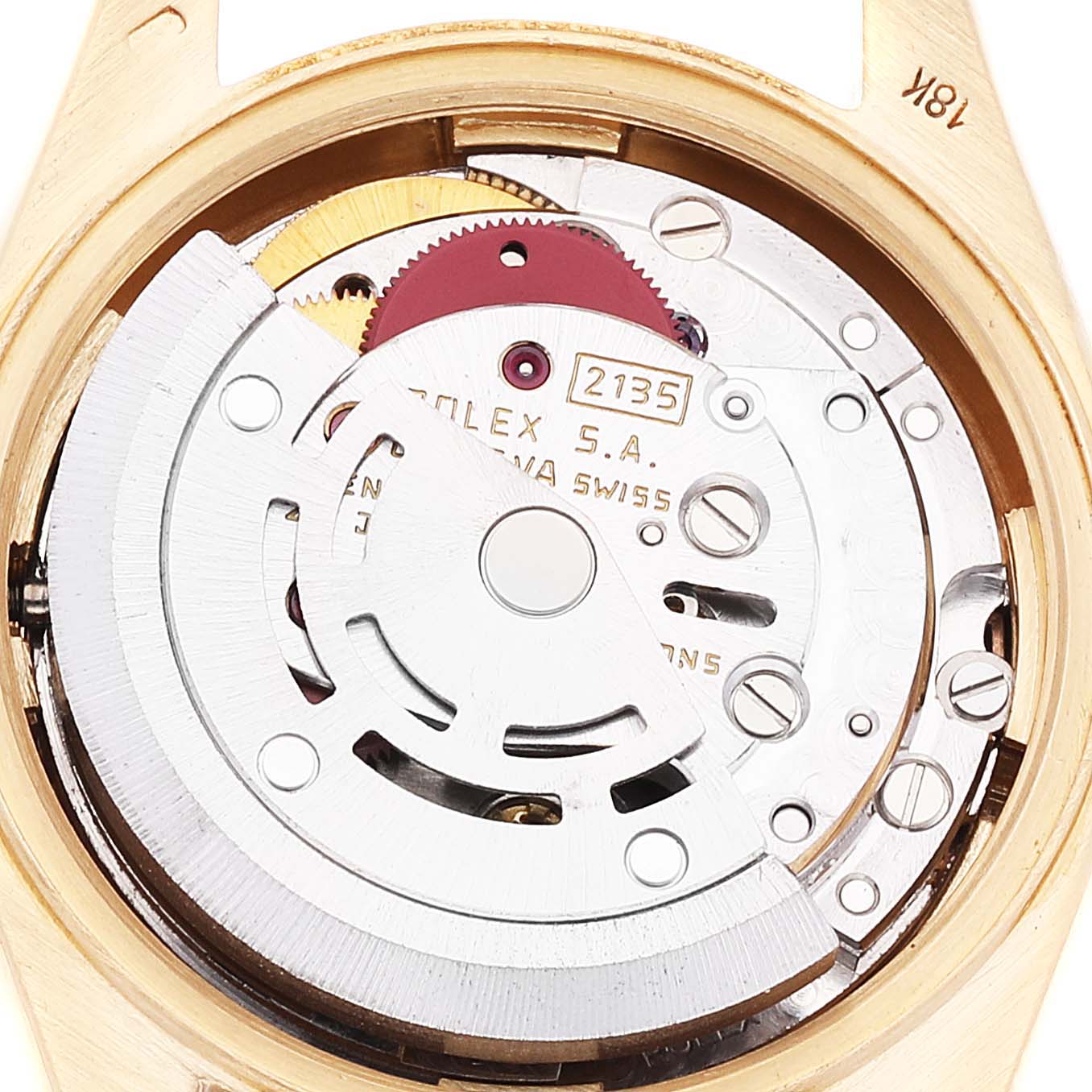 The image shows the internal mechanism of a Rolex President 69158 Women
s Yellow Gold Silver Dial 69158 Women
s Yellow Gold Silver Dial model watch from a back angle.
