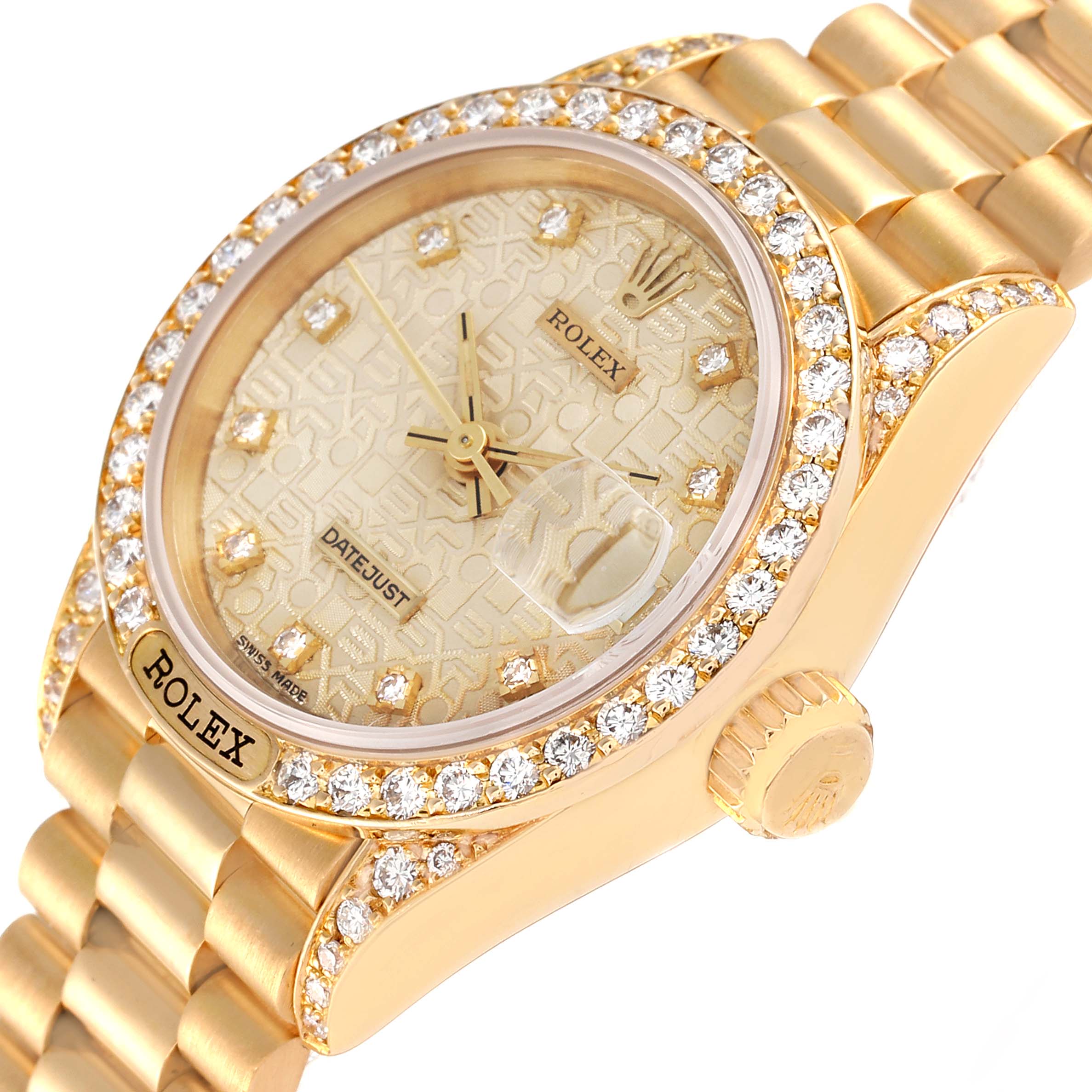 The image shows a close-up angled view of the President model Rolex watch, highlighting its golden dial, bezel with diamonds, and crown.