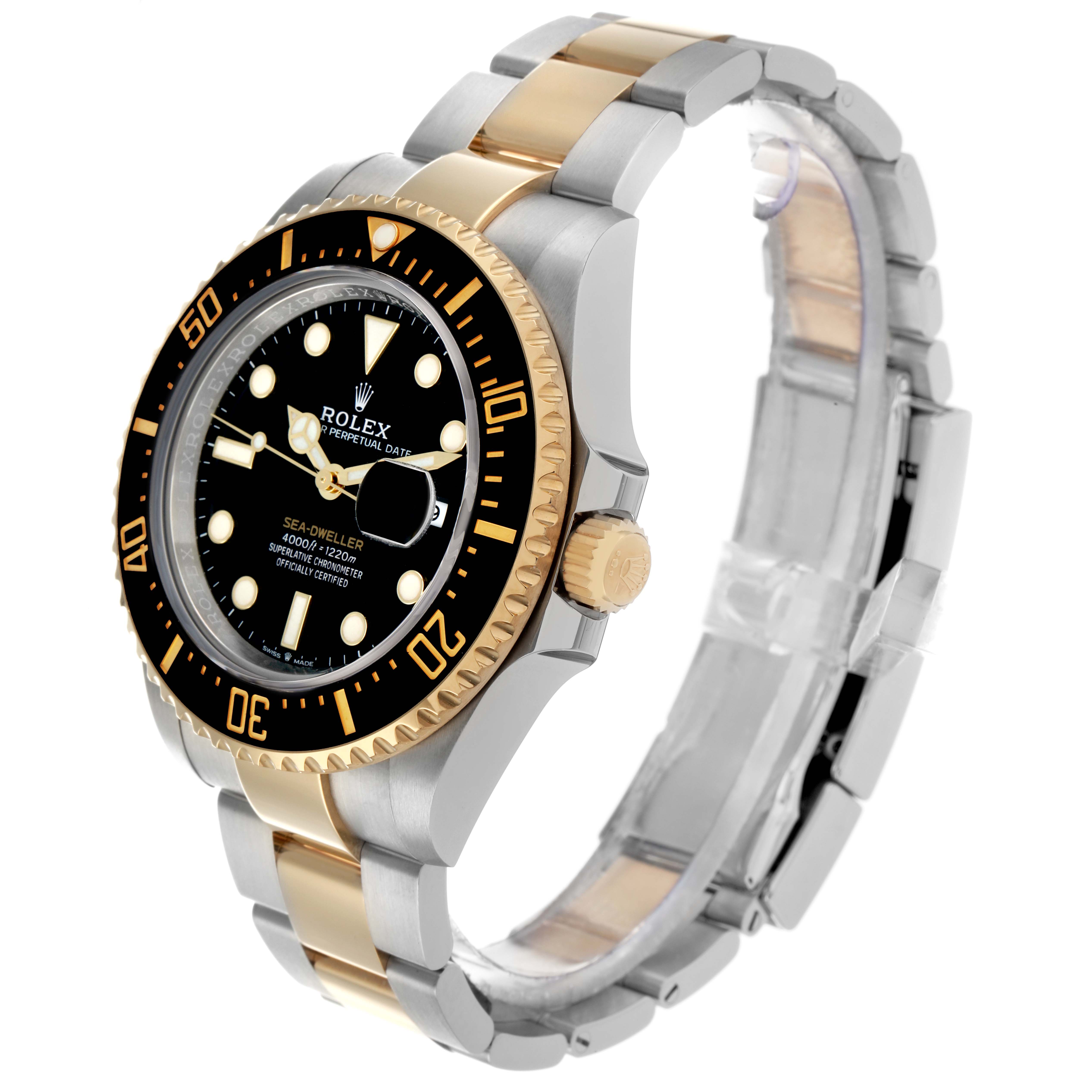 The Rolex Sea-Dweller 126603 Men
s Steel and Gold (two tone) Black Dial watch is shown at a three-quarter angle, highlighting the bezel, crown, dial, and bracelet.