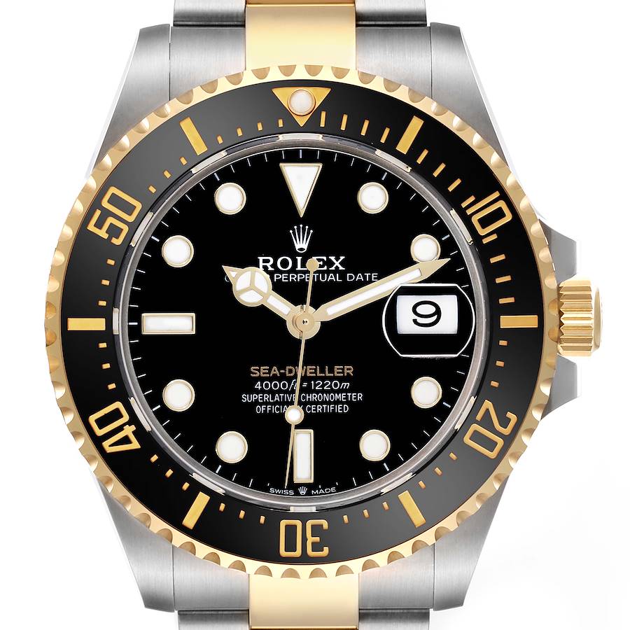 The Rolex Sea-Dweller 126603 Men's Steel and Gold (two tone) Black Dial watch is shown from a front angle, highlighting the bezel, dial, hands, date window, and part of the bracelet.
