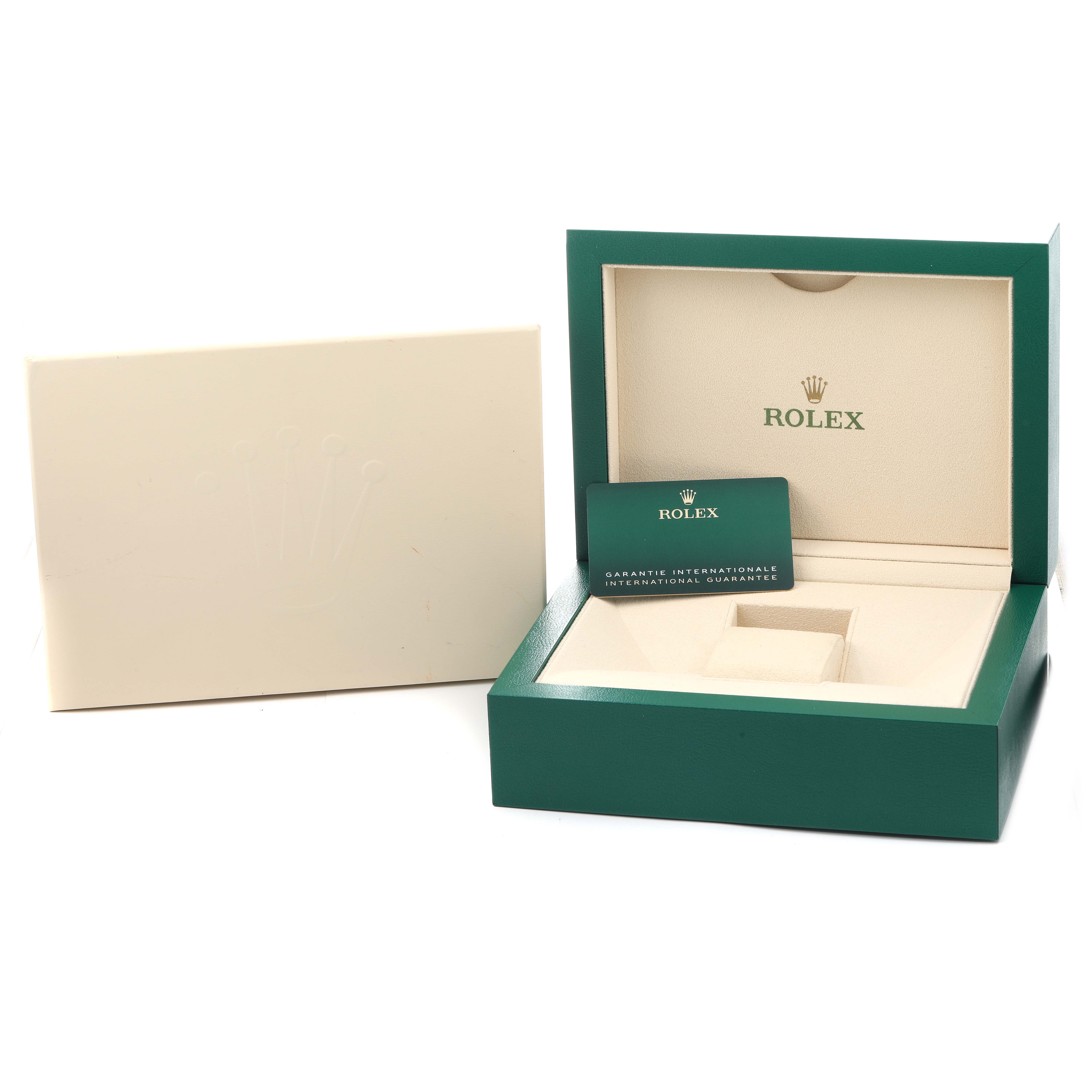 The image shows the open packaging for a Rolex Sea-Dweller 126603 Men
s Steel and Gold (two tone) Black Dial, featuring the box, cushion, and guarantee card.