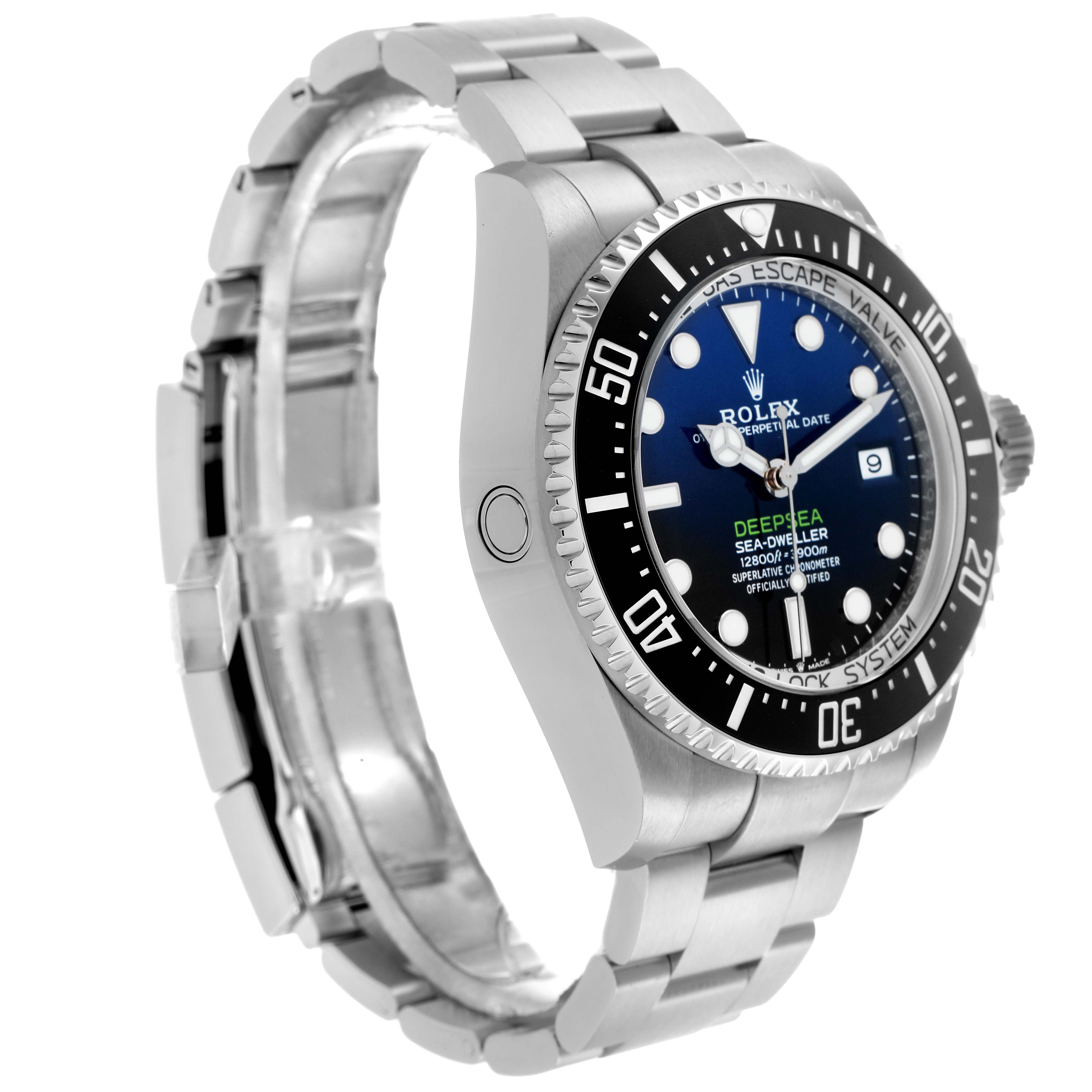 The Rolex Sea-Dweller 73113 Men
s Stainless Steel Blue Dial watch is shown in a three-quarter angle, highlighting the face, bezel, and bracelet.
