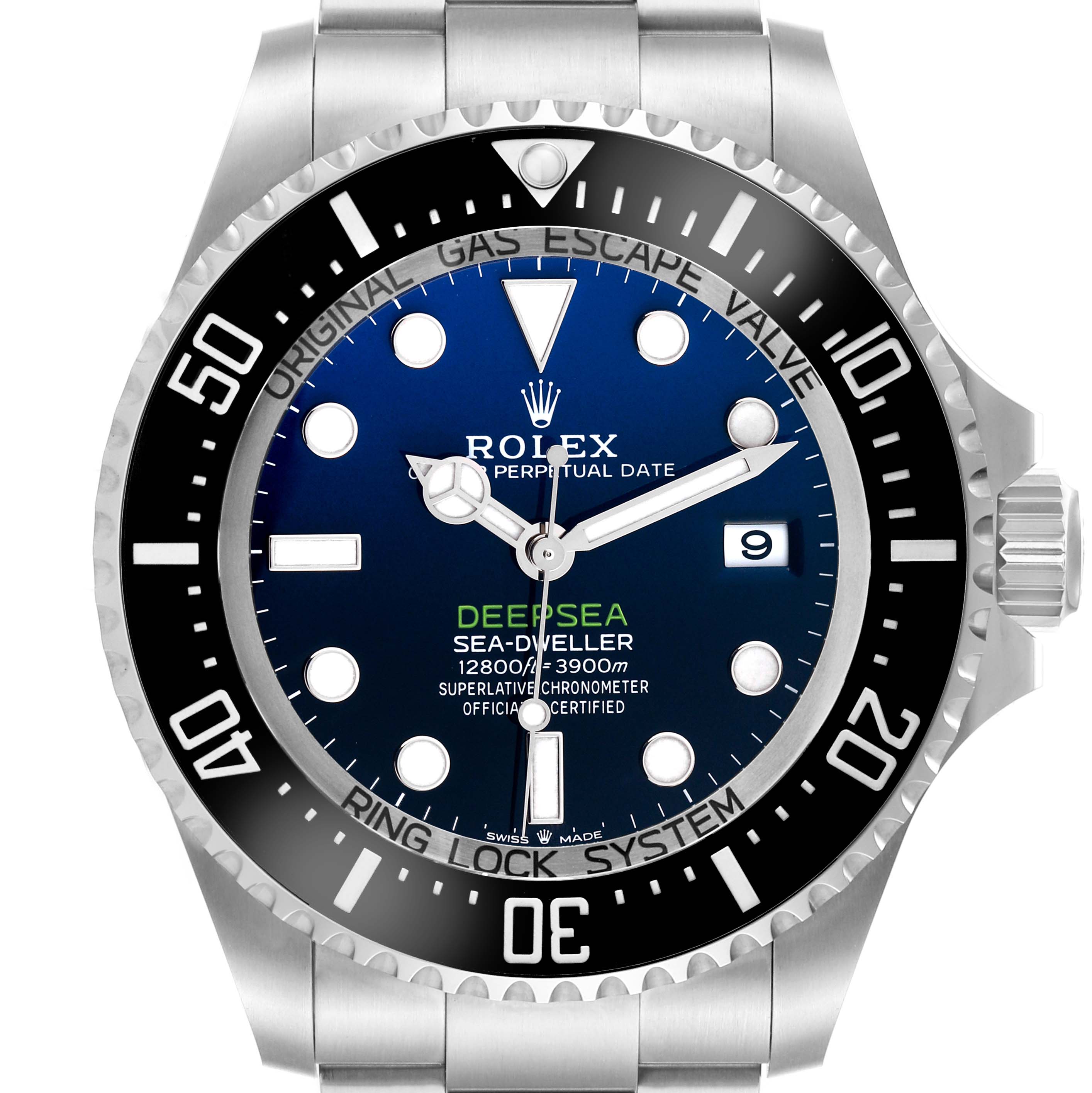 The image shows a front view of the Rolex Sea-Dweller 73113 Men
s Stainless Steel Blue Dial watch, highlighting its dial, bezel, and bracelet.