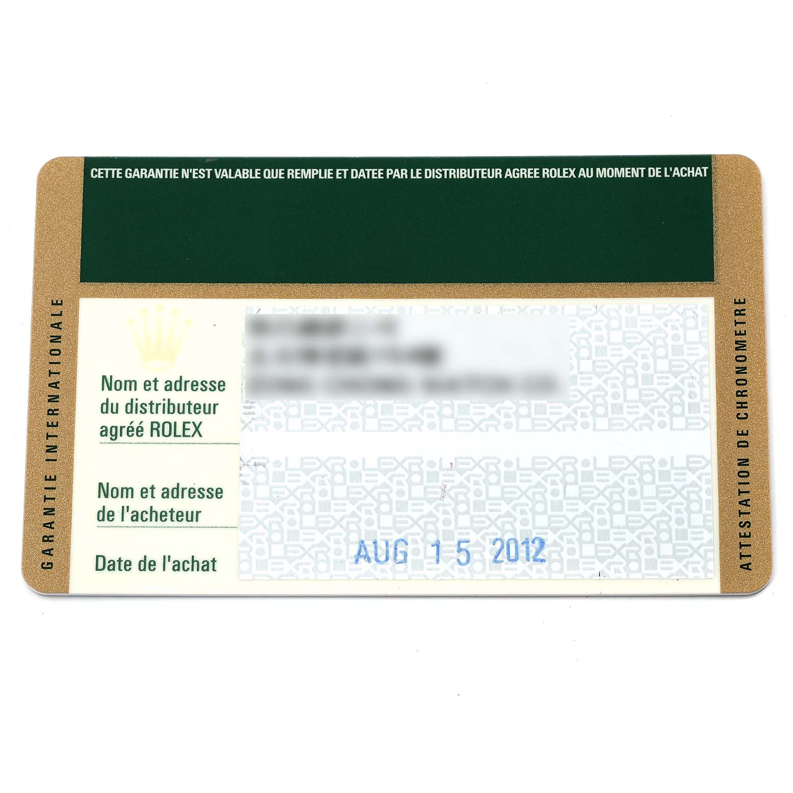 This image shows a Rolex Sea-Dweller 116660 Men
s Stainless Steel Black Dial 116660 Men
s Stainless Steel Black Dial warranty card with purchase information and date.