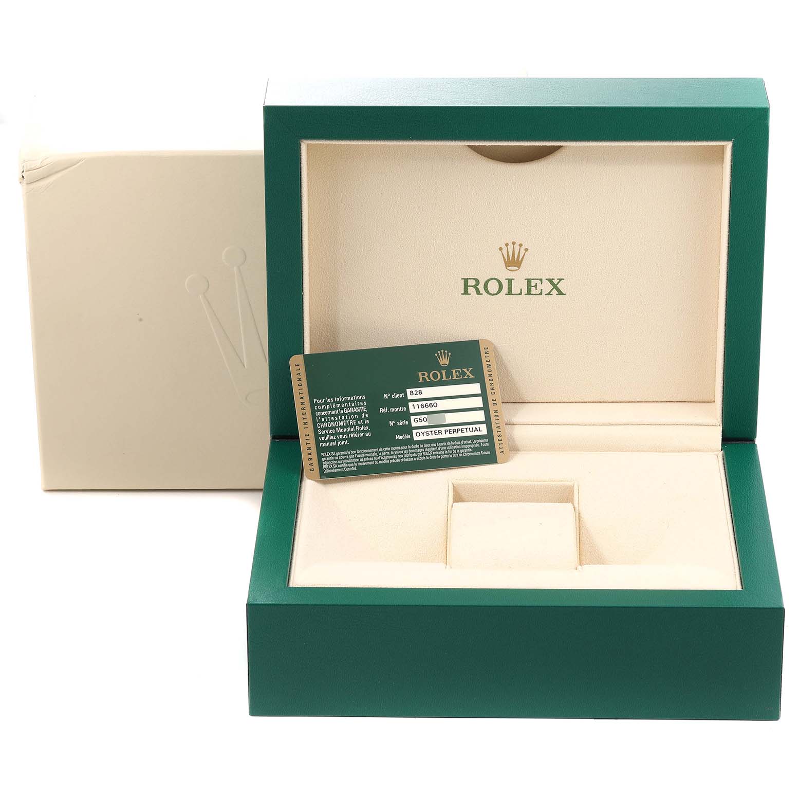 The image shows an open Rolex Sea-Dweller 116660 Men
s Stainless Steel Black Dial 116660 Men
s Stainless Steel Black Dial watch box with a green and gold certification card inside.