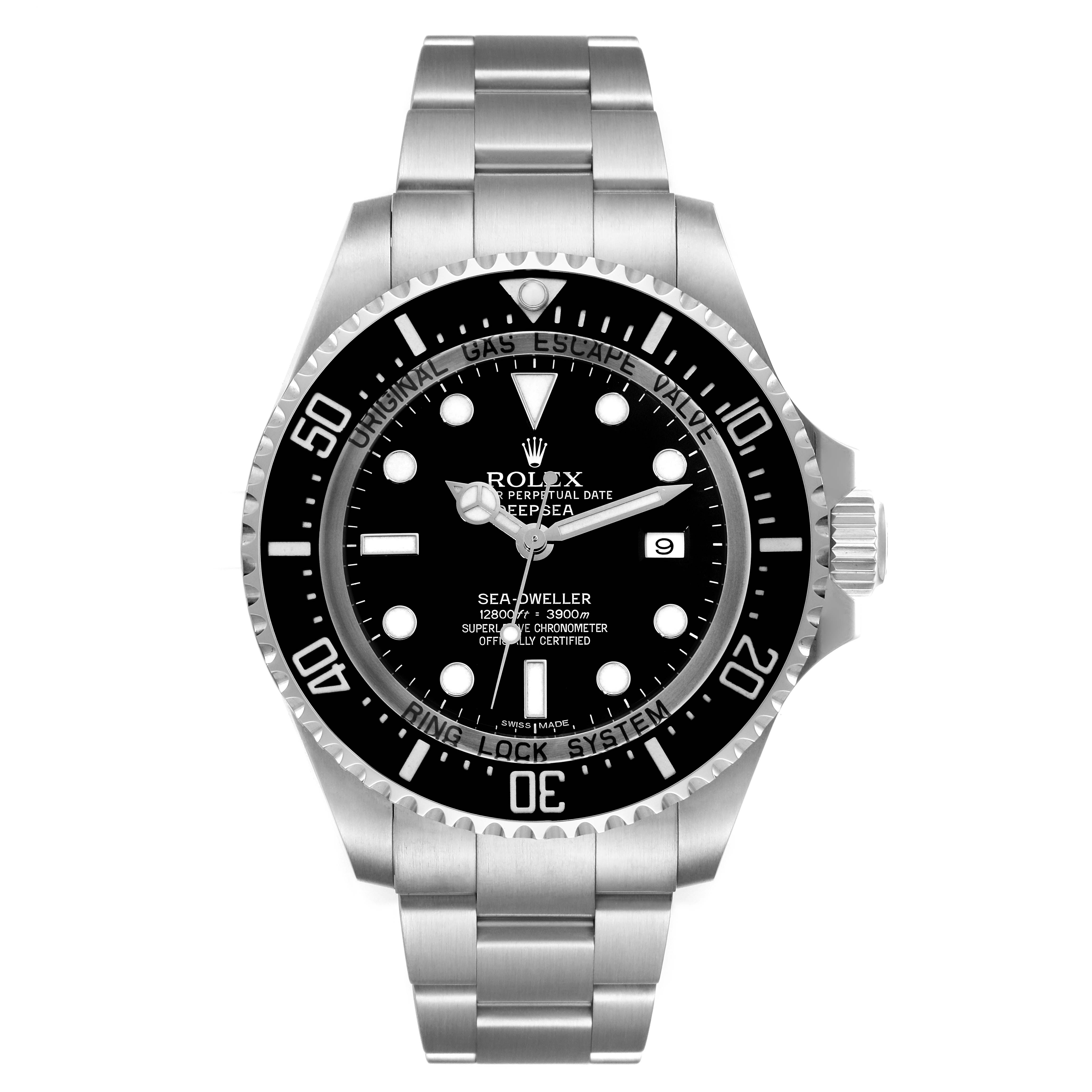 The image shows a front view of a Rolex Sea-Dweller 116660 Men
s Stainless Steel Black Dial 116660 Men
s Stainless Steel Black Dial watch, highlighting its face, bezel, and bracelet.